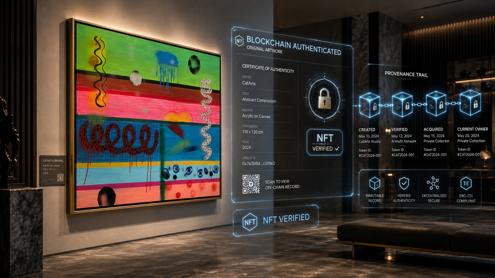 Blockchain-authenticated original artwork by CatArts featuring a digital holographic certificate of authenticity, provenance history, and NFT verification in a high-end interior.