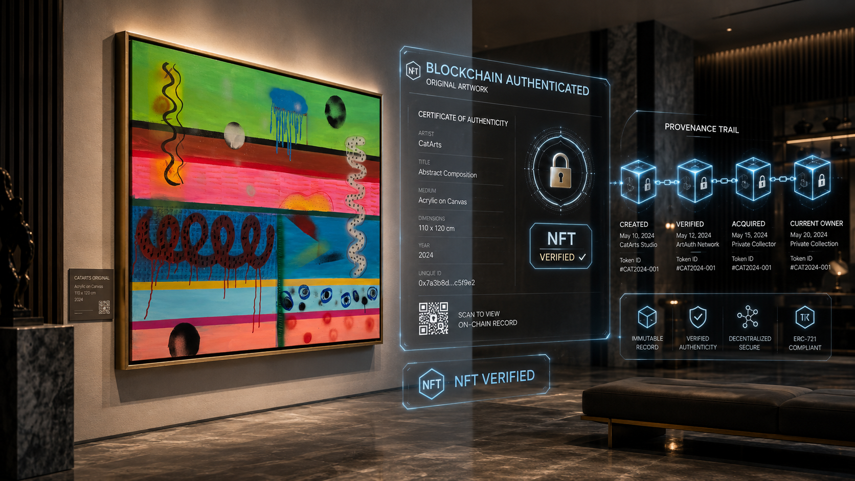 Blockchain-authenticated original artwork by CatArts featuring a digital holographic certificate of authenticity, provenance history, and NFT verification in a high-end interior.