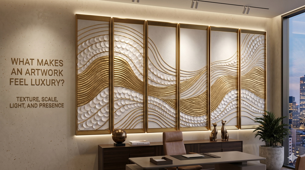 Five-panel luxury 3D textured wall art installation featuring sculpted gold wave patterns and pearlescent textures in a modern executive office