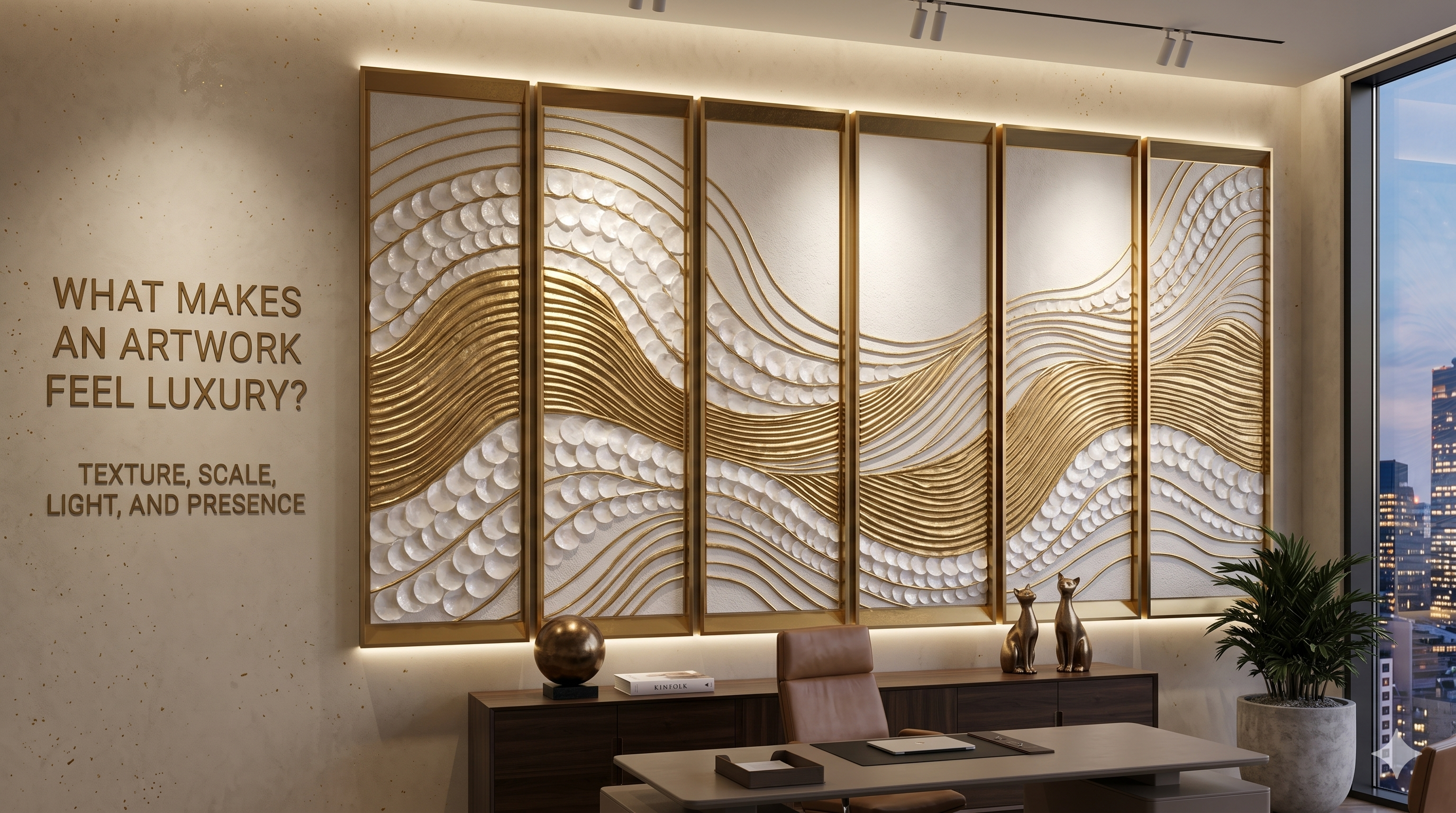 Five-panel luxury 3D textured wall art installation featuring sculpted gold wave patterns and pearlescent textures in a modern executive office