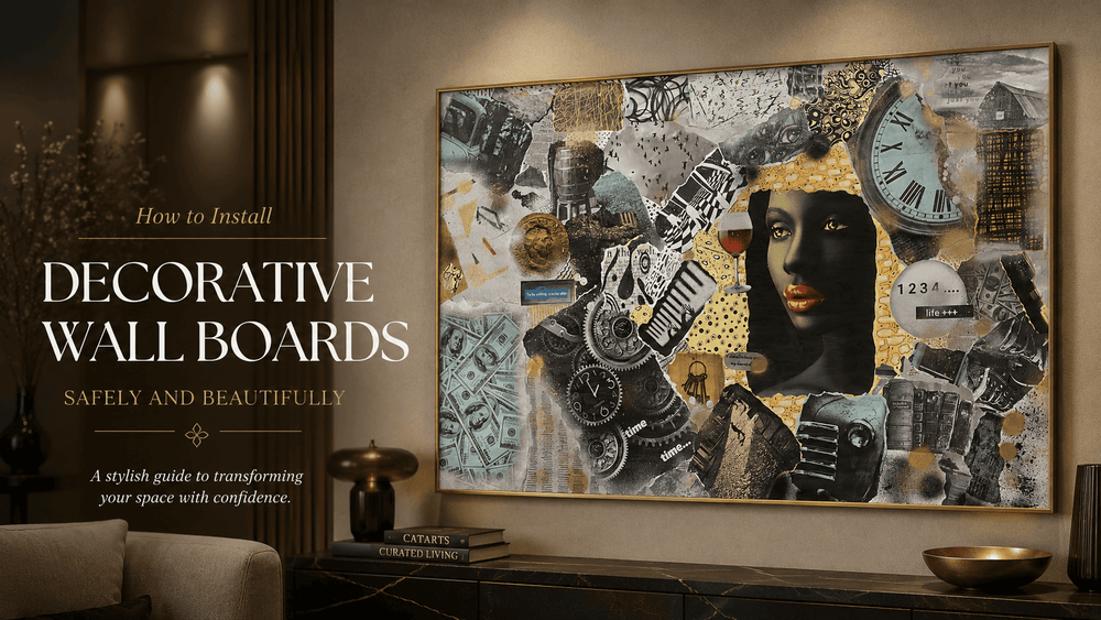 CatArts wall board installation guide displaying a large dark industrial mixed-media collage canvas with elegant gold accents.