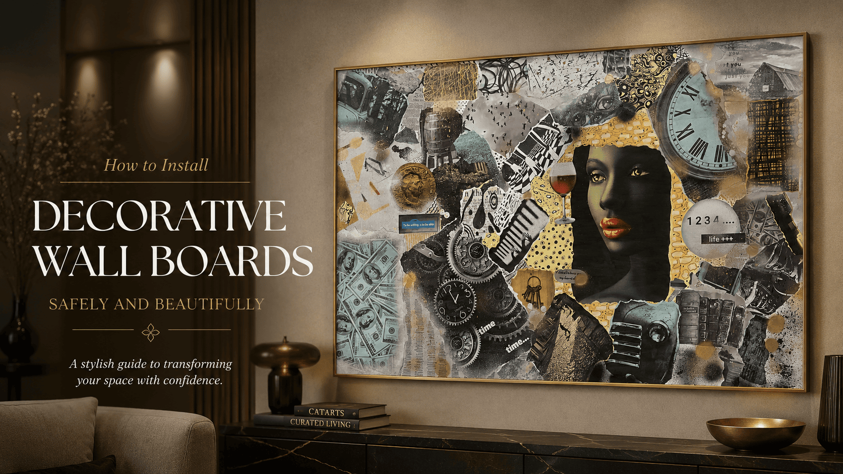 CatArts wall board installation guide displaying a large dark industrial mixed-media collage canvas with elegant gold accents.