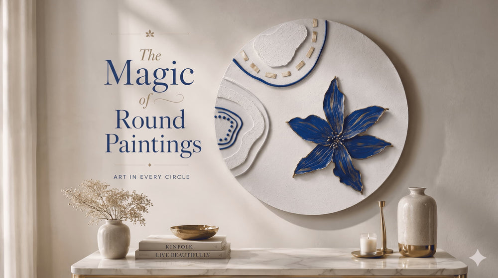 CatArts round paintings article banner showcasing a white circular textured canvas artwork with a 3D sculptural blue flower.