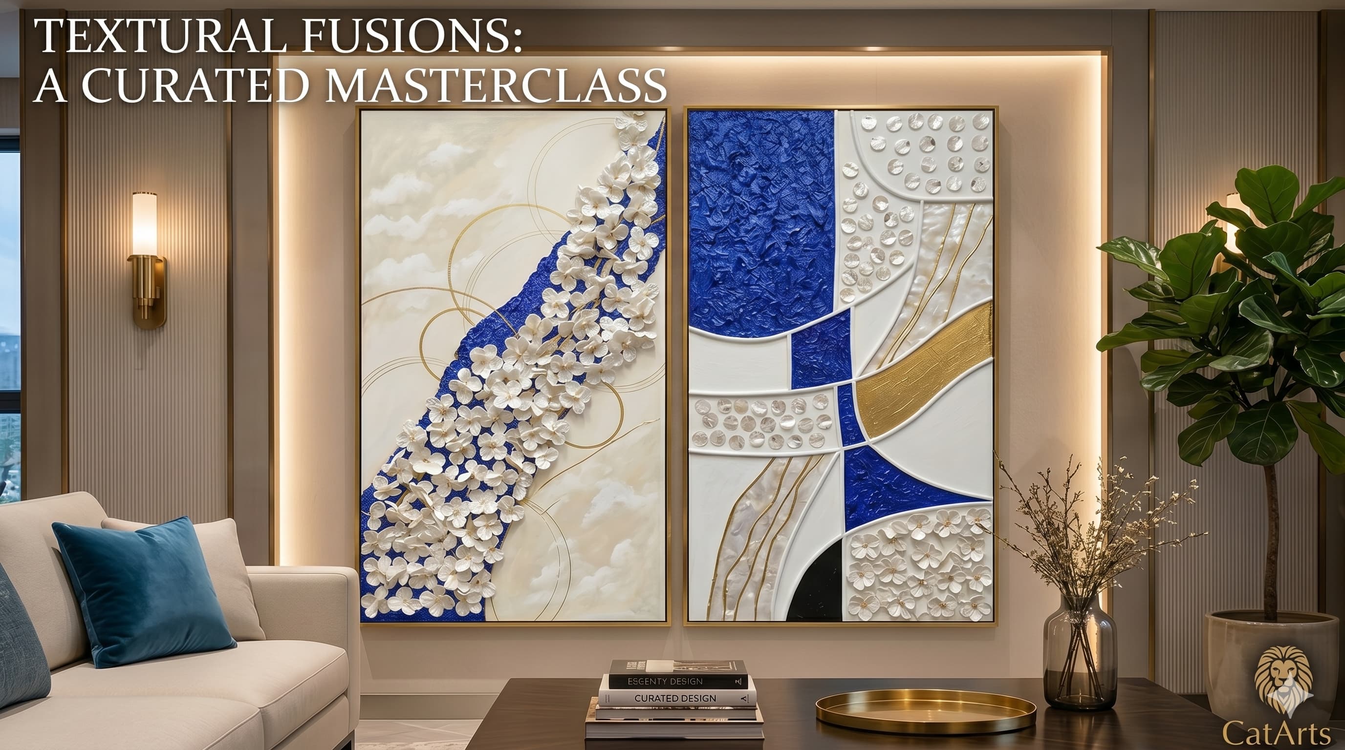 CatArts blog banner featuring a luxurious diptych artwork that integrates geometric modernist lines, deep textured blues, and 3D white sculpted floral relief elements on an illuminated gallery wall.