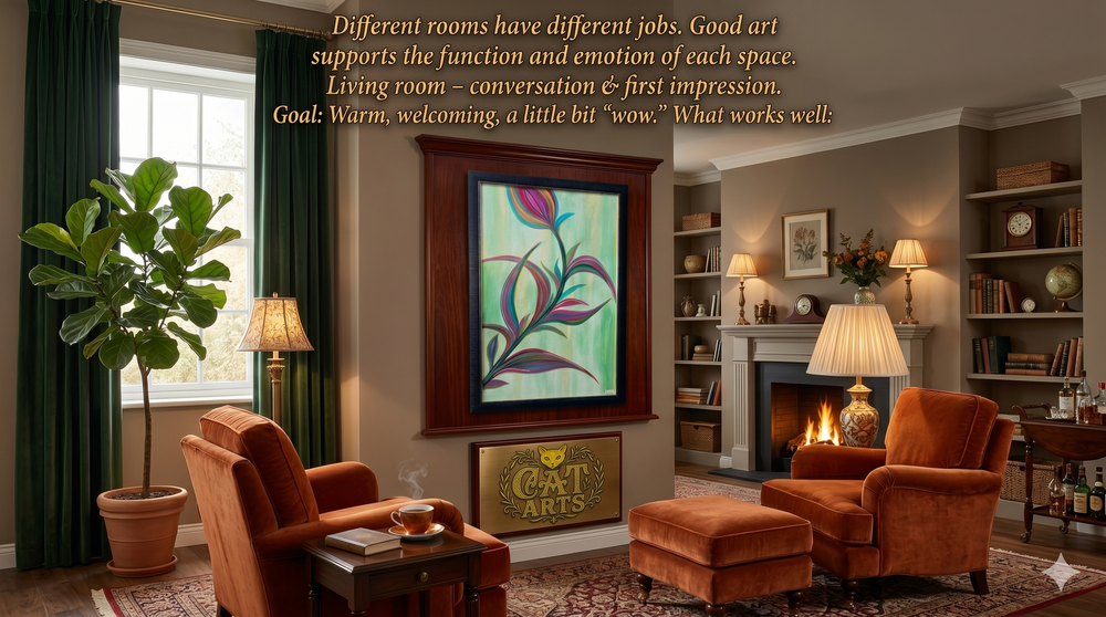 Different rooms have different jobs. Good art supports the function and emotion of each space. Living room – conversation & first impression Goal: Warm, welcoming, a little bit “wow.” What works well