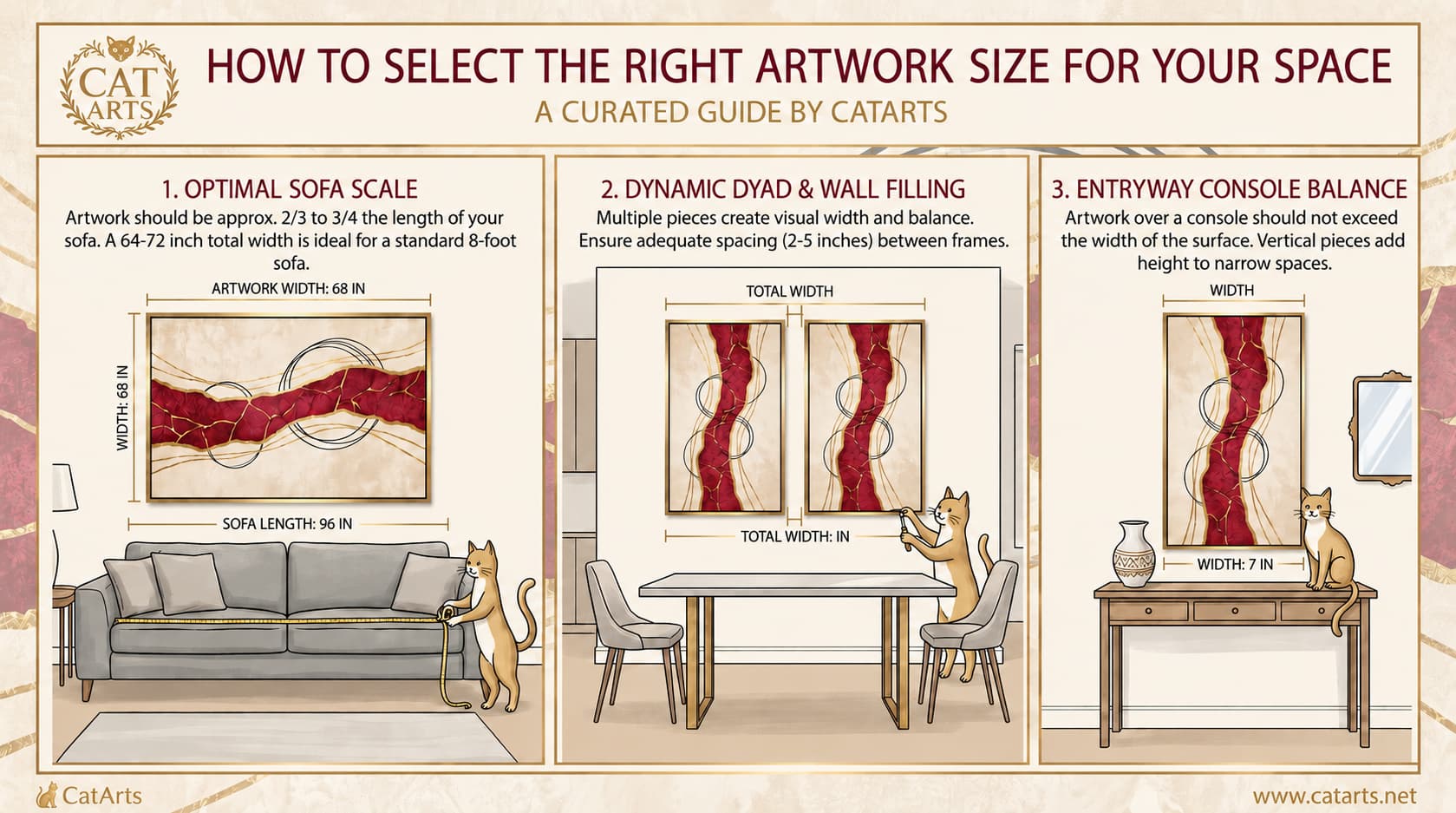 Large luxury wall art displayed above furniture in a refined interior showing proper artwork size and wall proportion