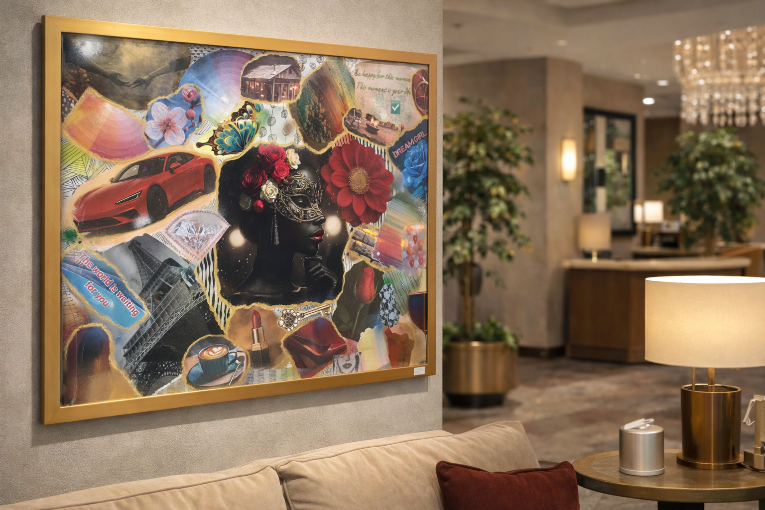 Large gold-framed mixed-media narrative collage titled "Dream Girl" featuring a central masked woman surrounded by a red sports car, the Eiffel Tower, and vibrant floral imagery in a luxury hotel lobby.