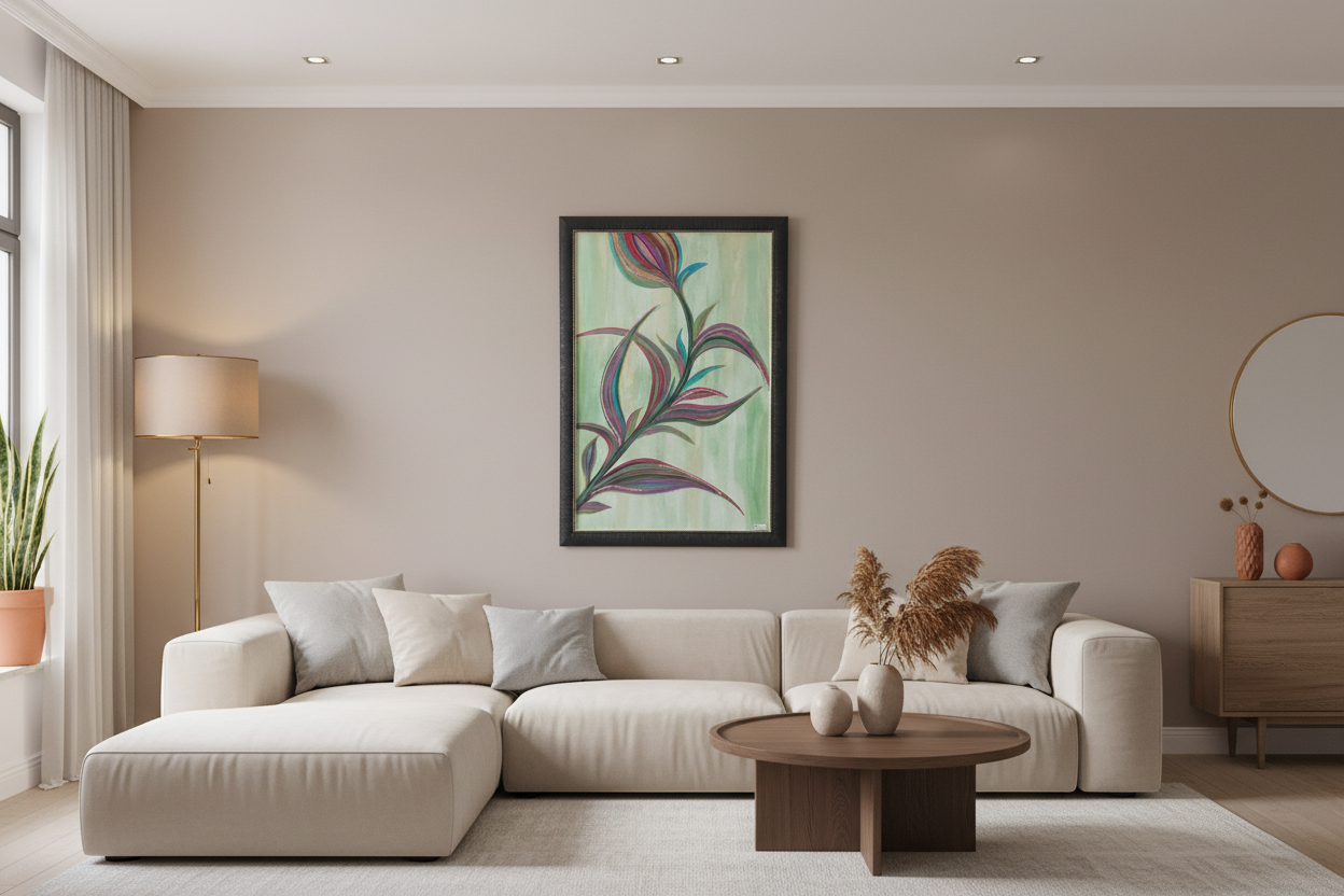 Large abstract botanical painting in a black frame displayed in a cozy modern living room above a beige sofa with neutral decor.