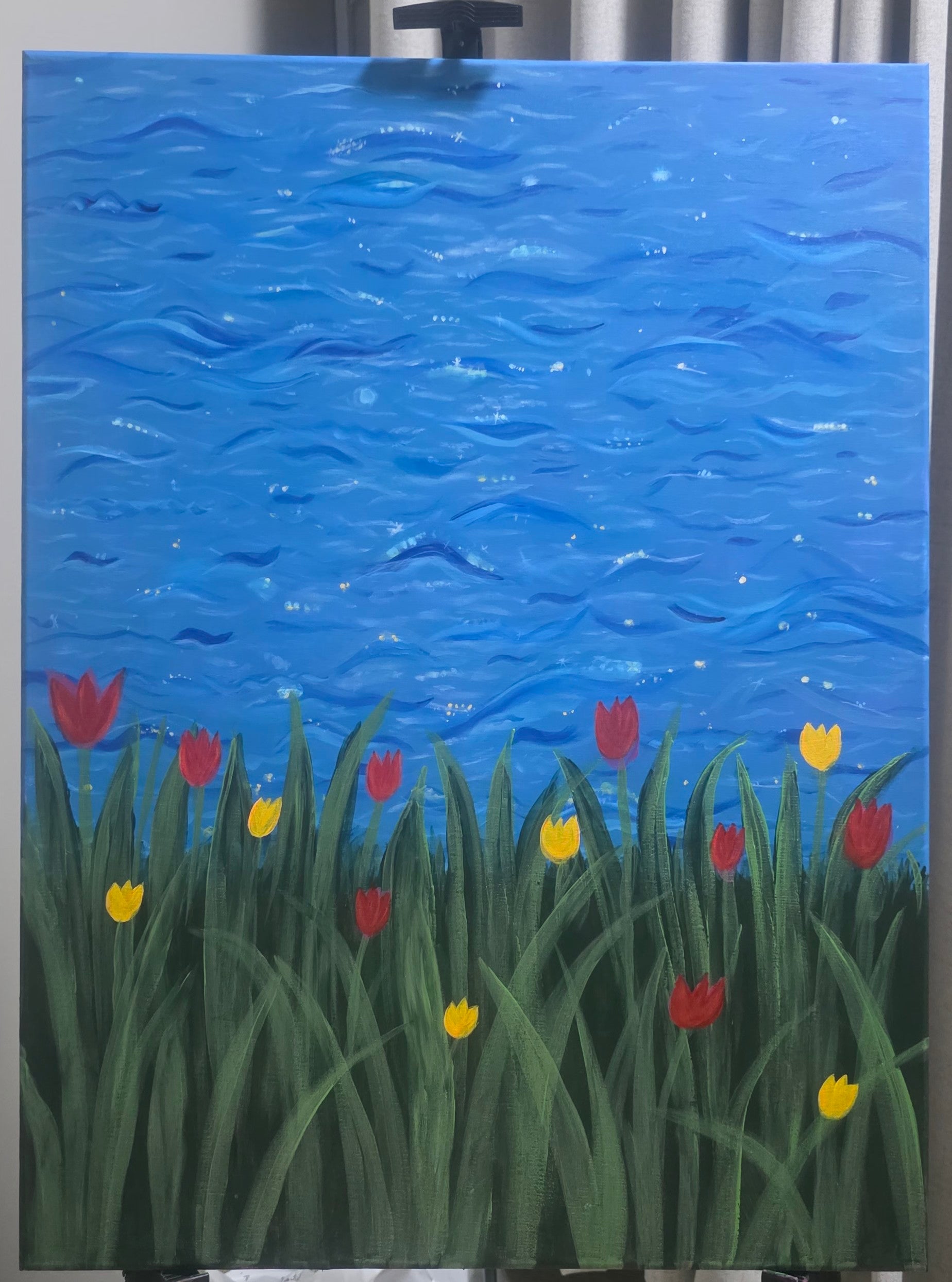 Rhythm of the Bloom - Flowers/Sea Landscape Acrylic Painting, (80*60 cm/24*31 in)