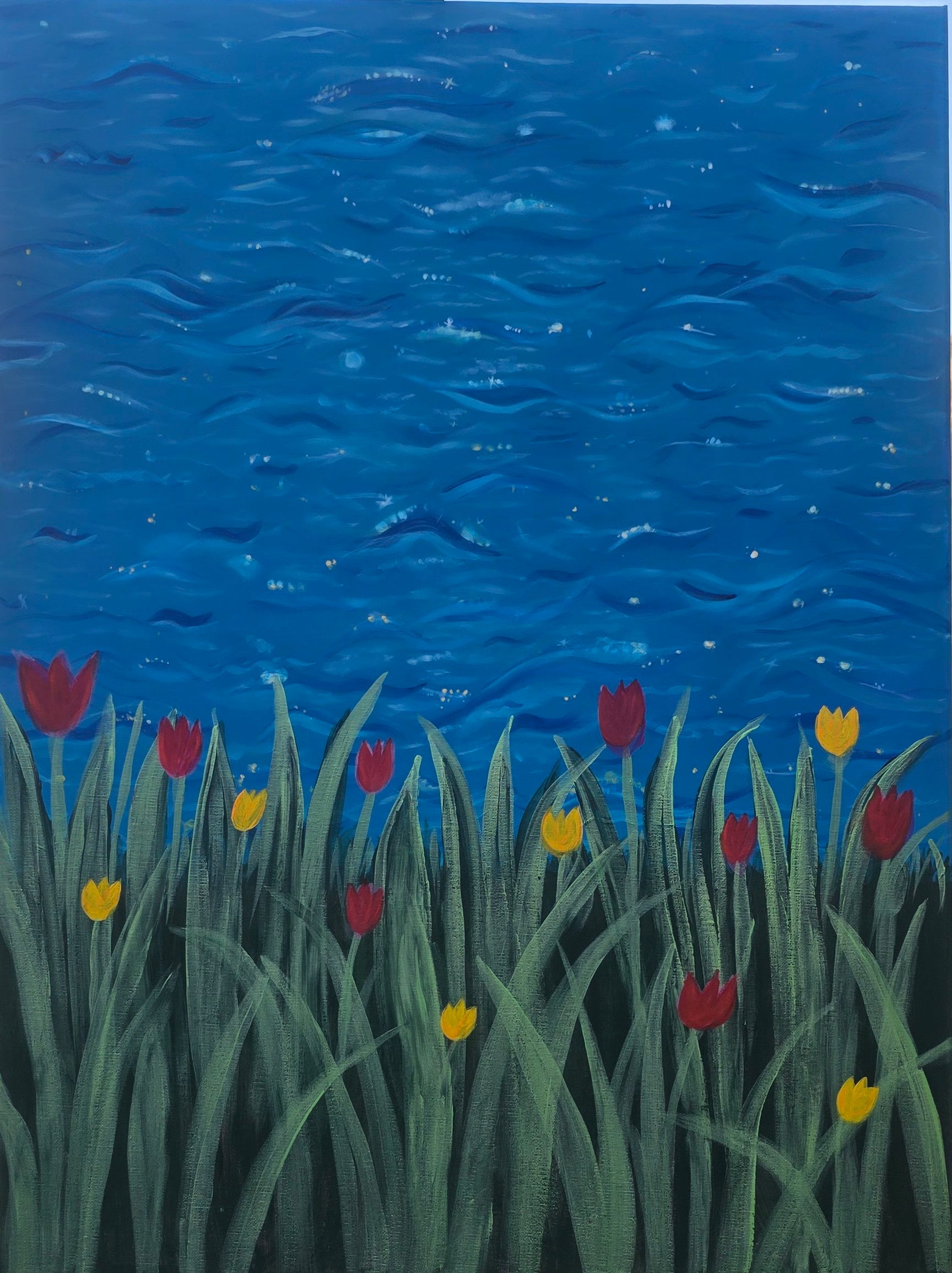Rhythm of the Bloom - Flowers/Sea Landscape Acrylic Painting, (80*60 cm/24*31 in)