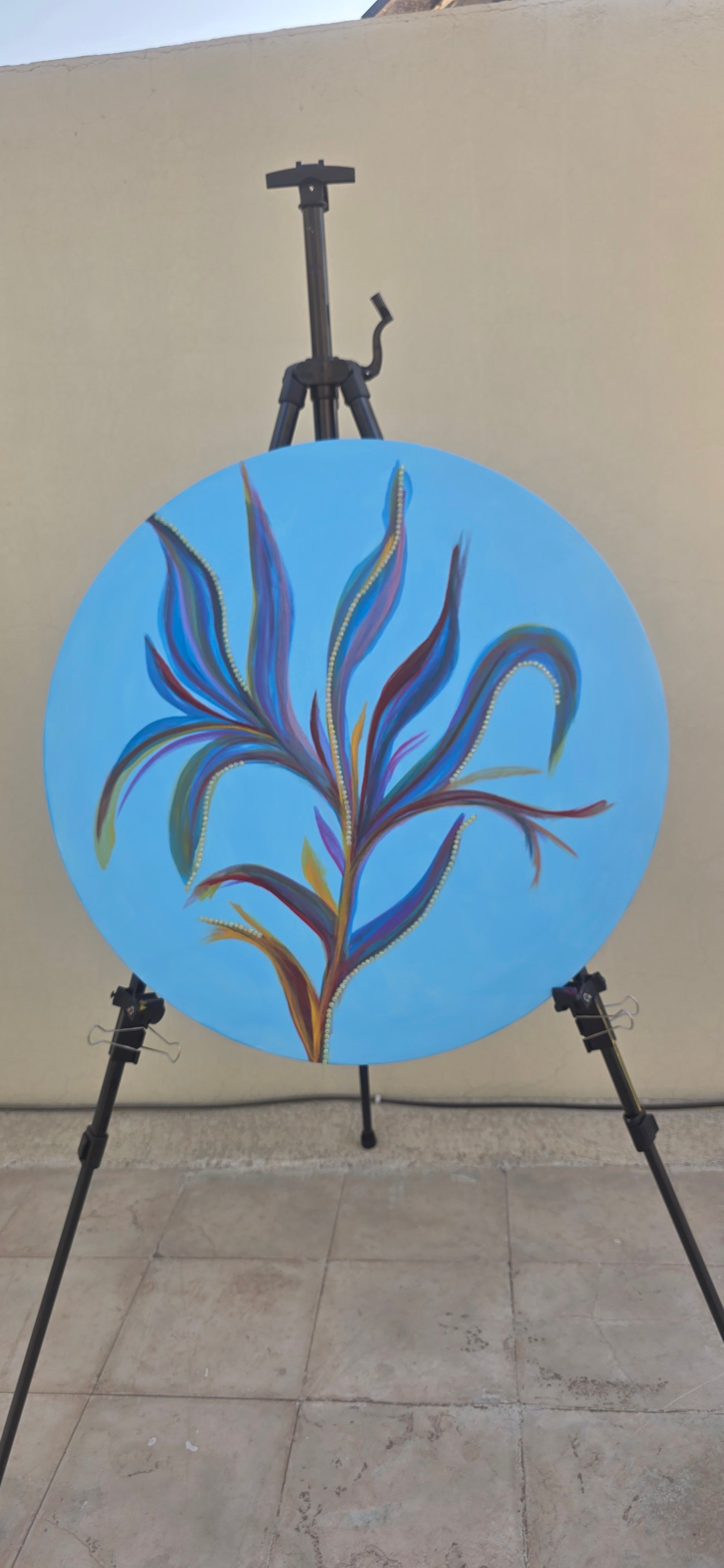 Azure Bloom – Round Abstract Acrylic Painting (diameter: 60 cm / 24 in)