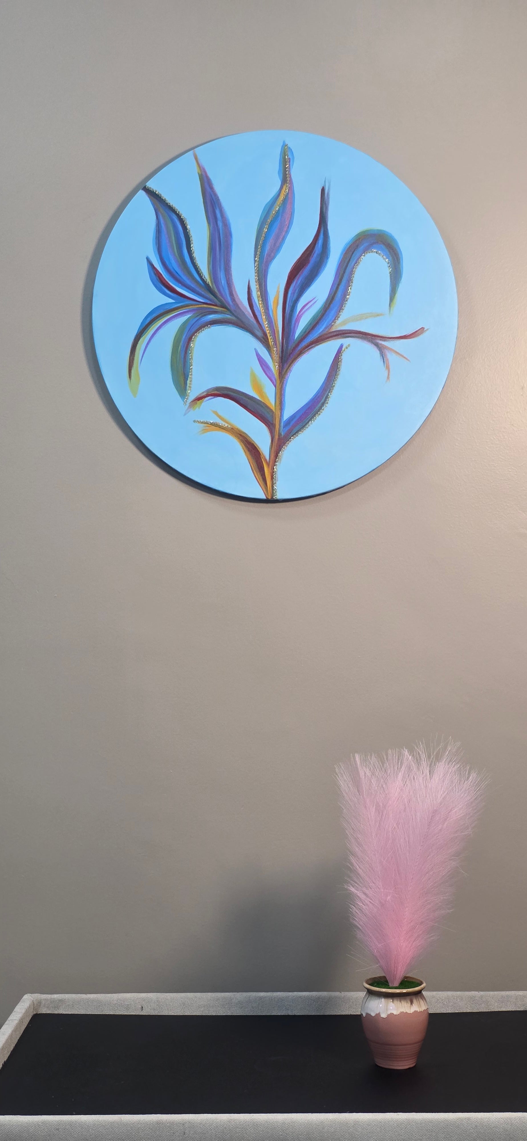 Azure Bloom – Round Abstract Acrylic Painting (diameter: 60 cm / 24 in)