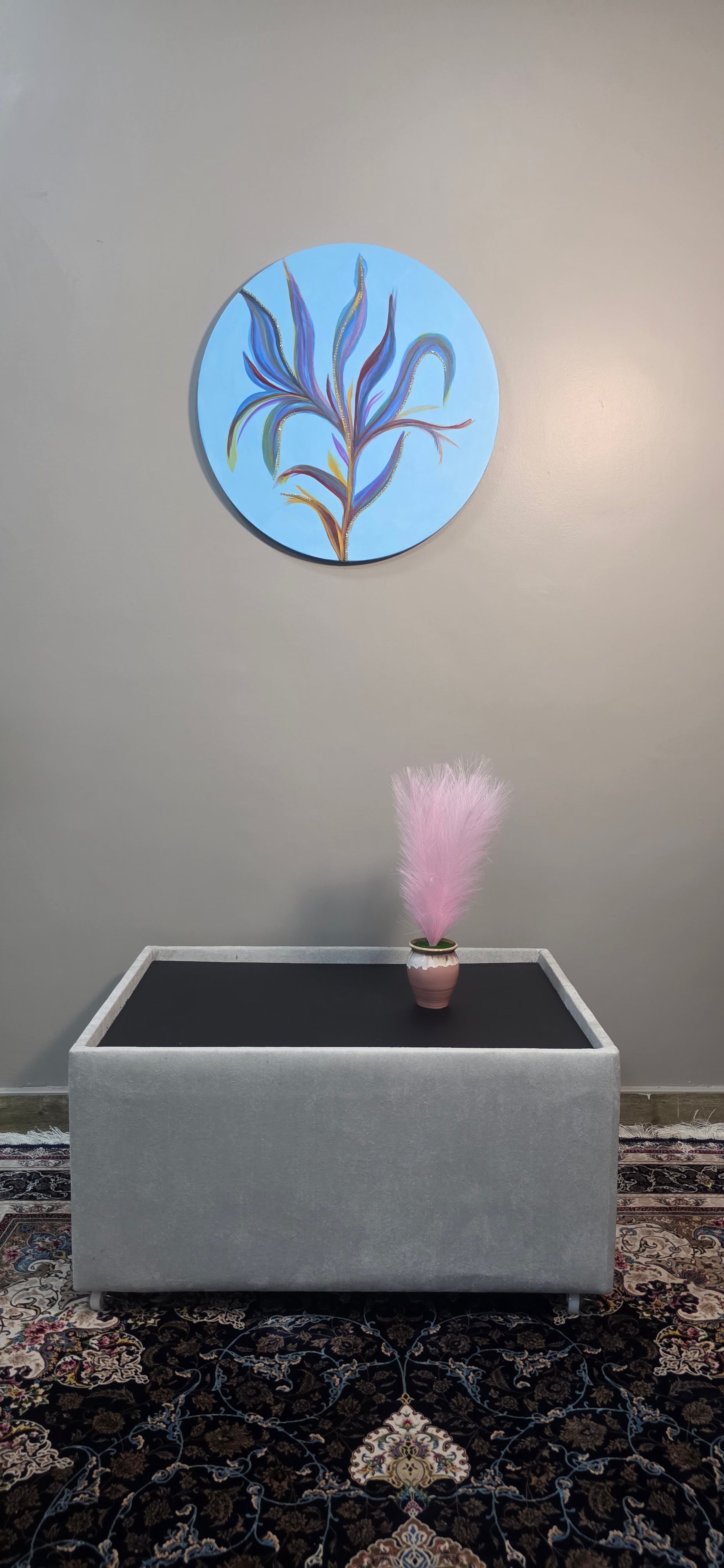 Azure Bloom – Round Abstract Acrylic Painting (diameter: 60 cm / 24 in)