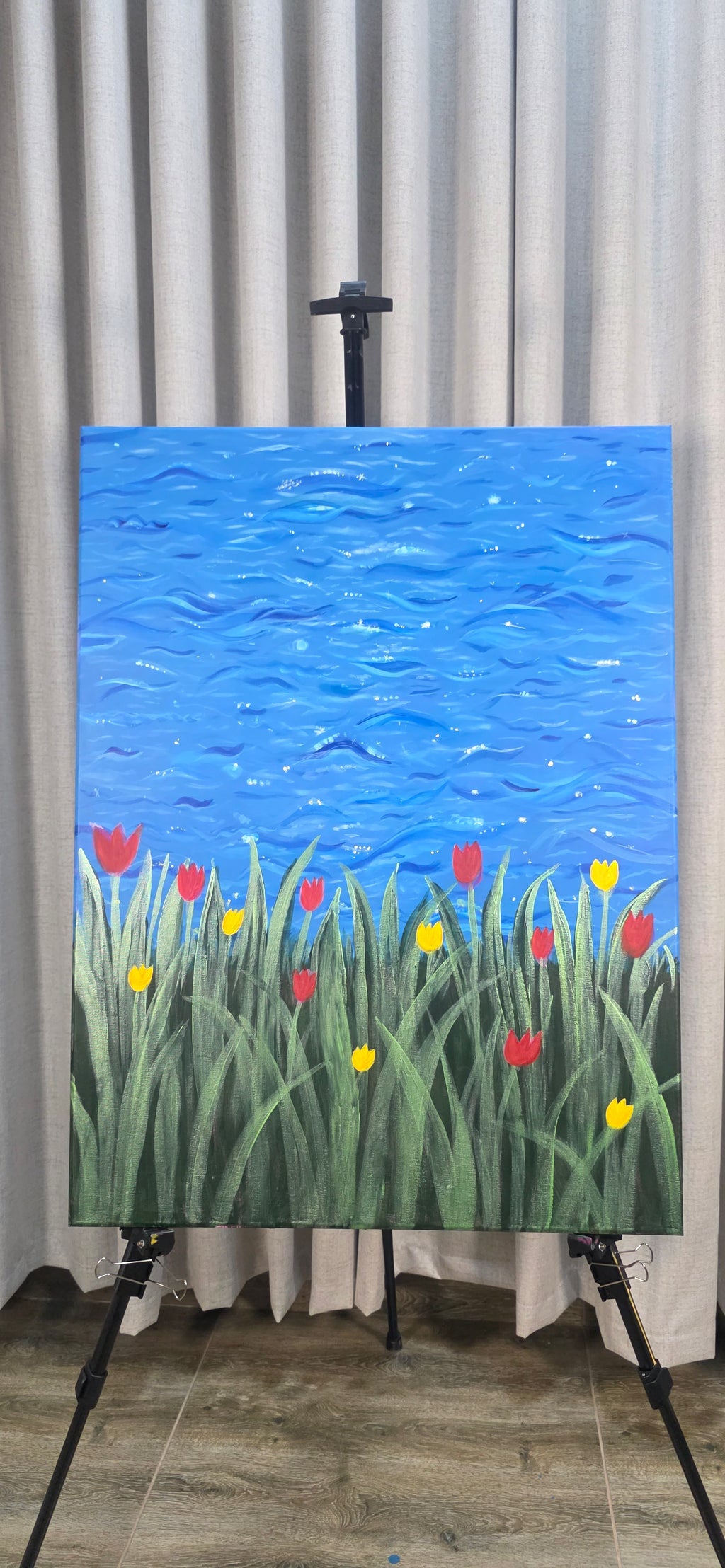 Rhythm of the Bloom - Flowers/Sea Landscape Acrylic Painting, (80*60 cm/24*31 in)