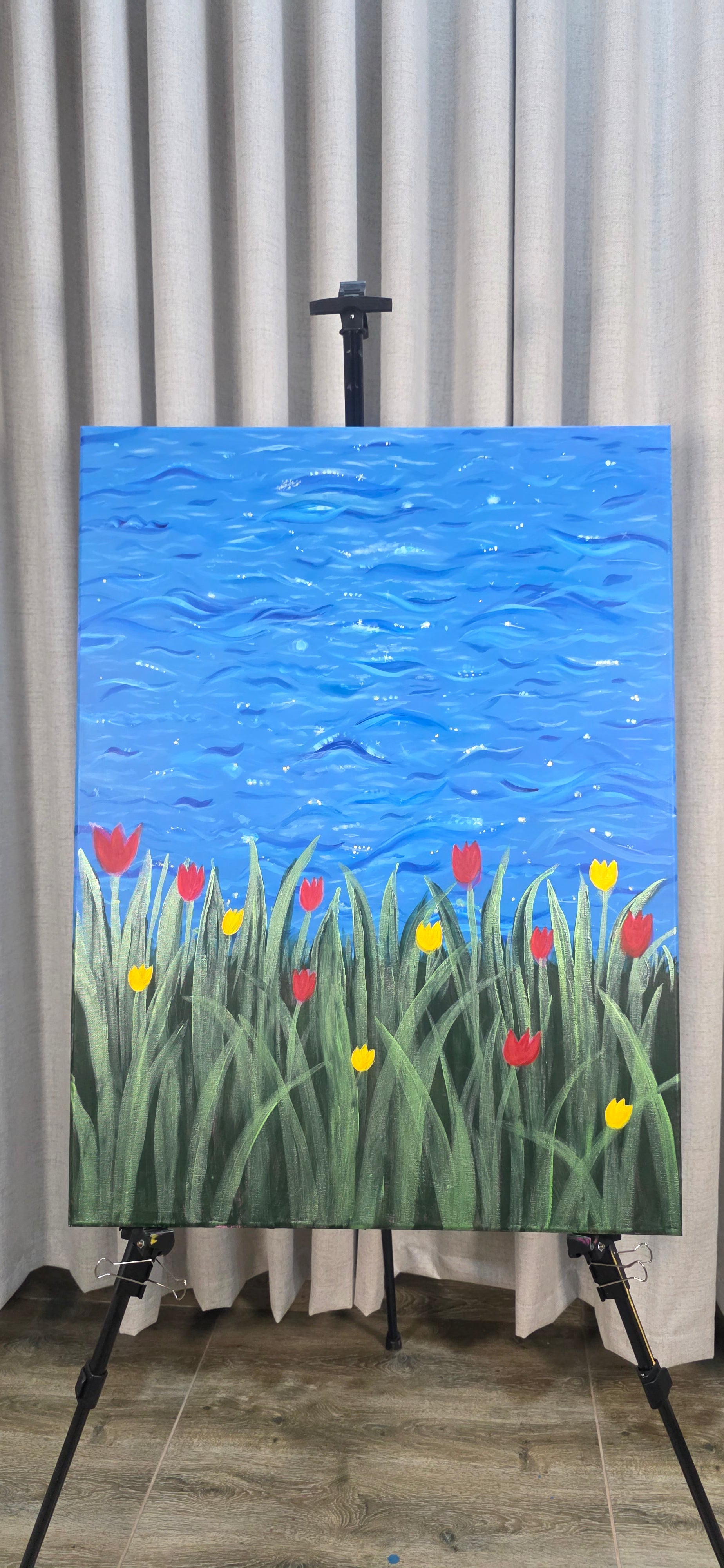 Rhythm of the Bloom - Flowers/Sea Landscape Acrylic Painting, (80*60 cm/24*31 in)