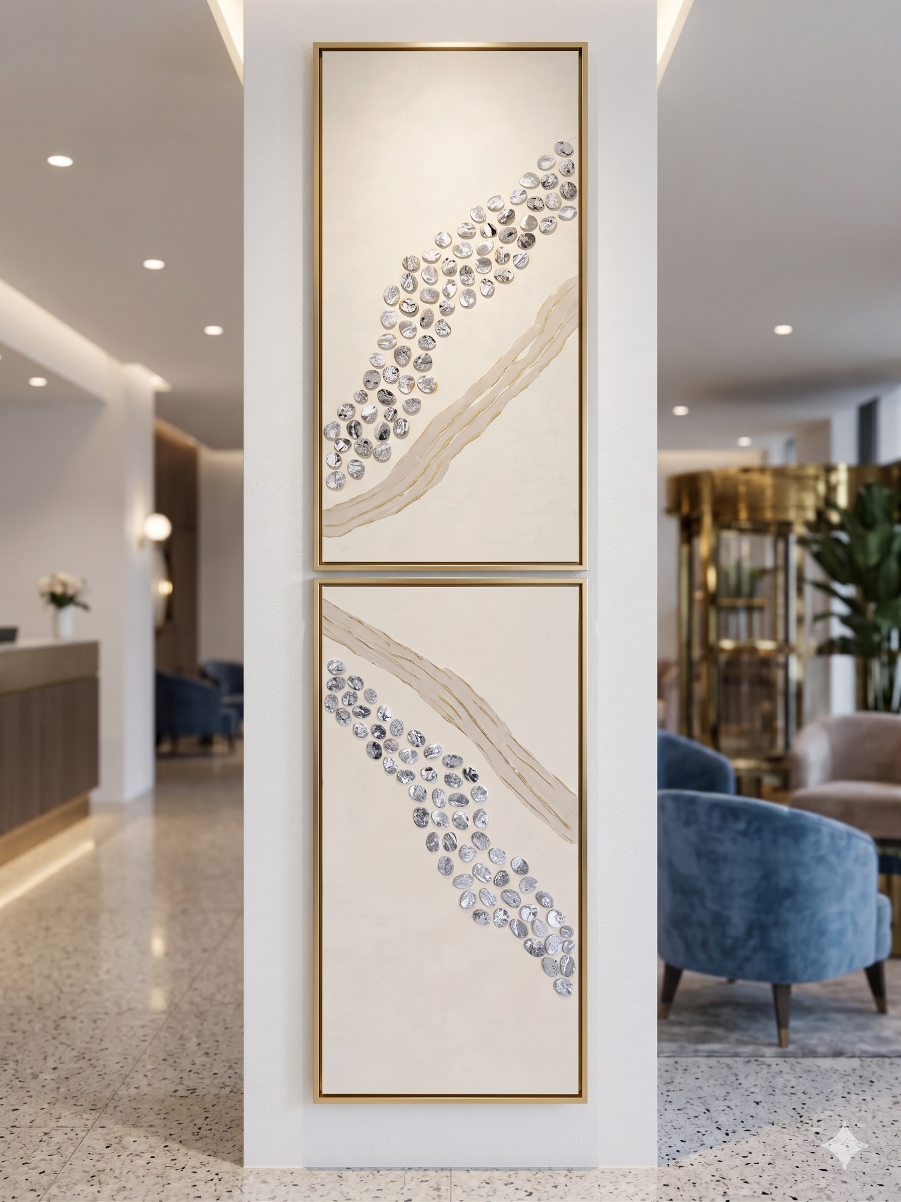 Luxury hotel lobby pillar featuring a vertical twin set of abstract art in slim gold frames, minimalist white interior design.