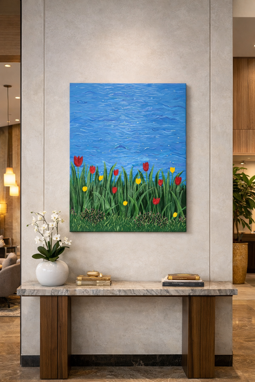 Tulip painting Aqua Melodies showcased in modern hotel lobby décor – 60×80 cm framed canvas artwork