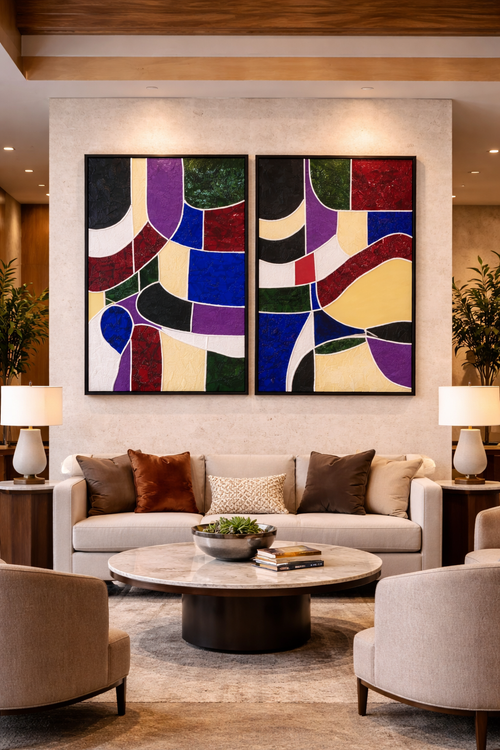 “CatArts twin mixed media diptych, two panels 90x120 cm each, gold medium-profile frame, geometric abstract in blue red purple black ivory and gold