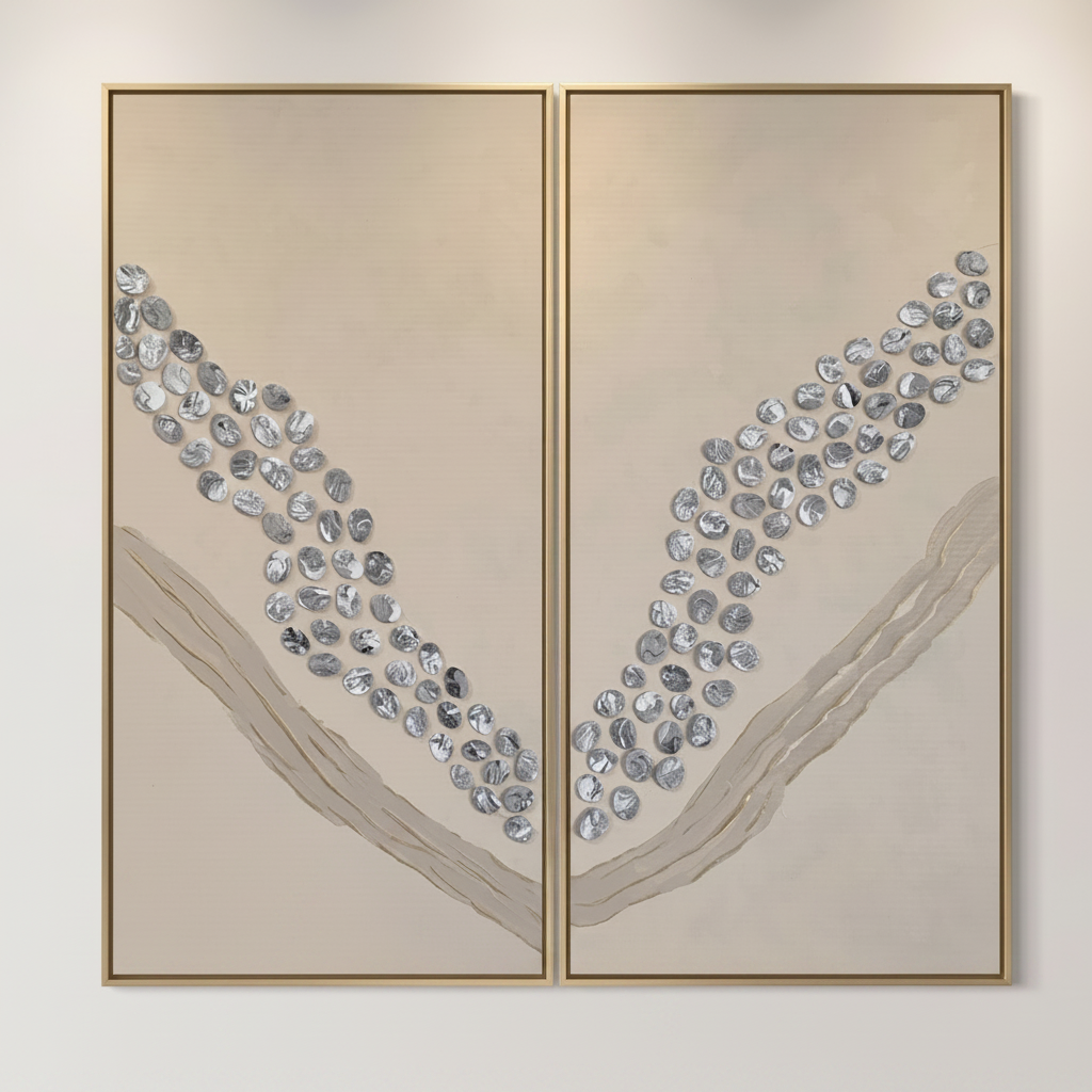 Large-scale abstract diptych art with gold frames hanging over a wooden console table in a modern, bright hotel hallway.