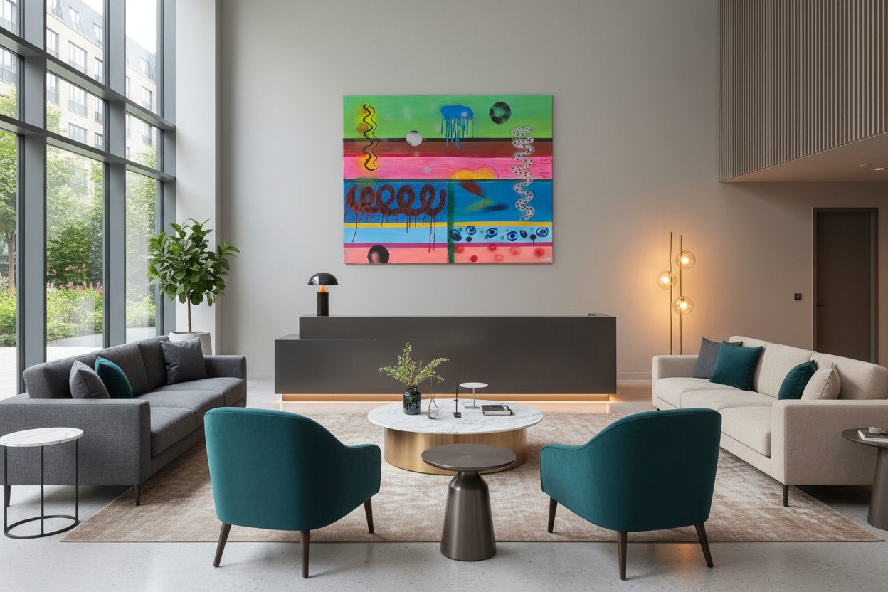 Modern living room with colorful abstract painting on the wall