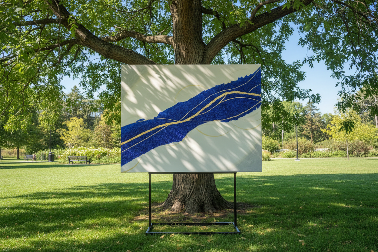 Artistic depiction of a landscape with blue and gold elements on a stand in a park.