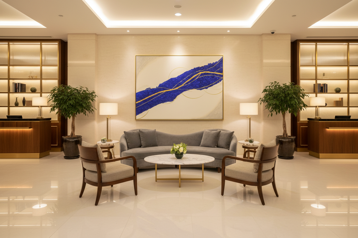 Modern lobby with gray sofa, armchairs, and decorative elements.