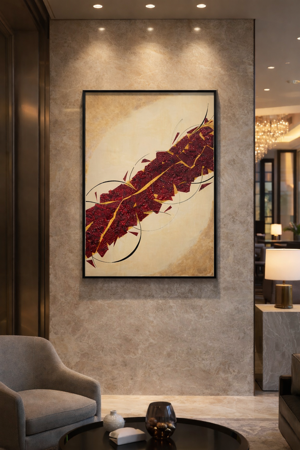 Framed abstract art on a textured wall in a modern interior setting.