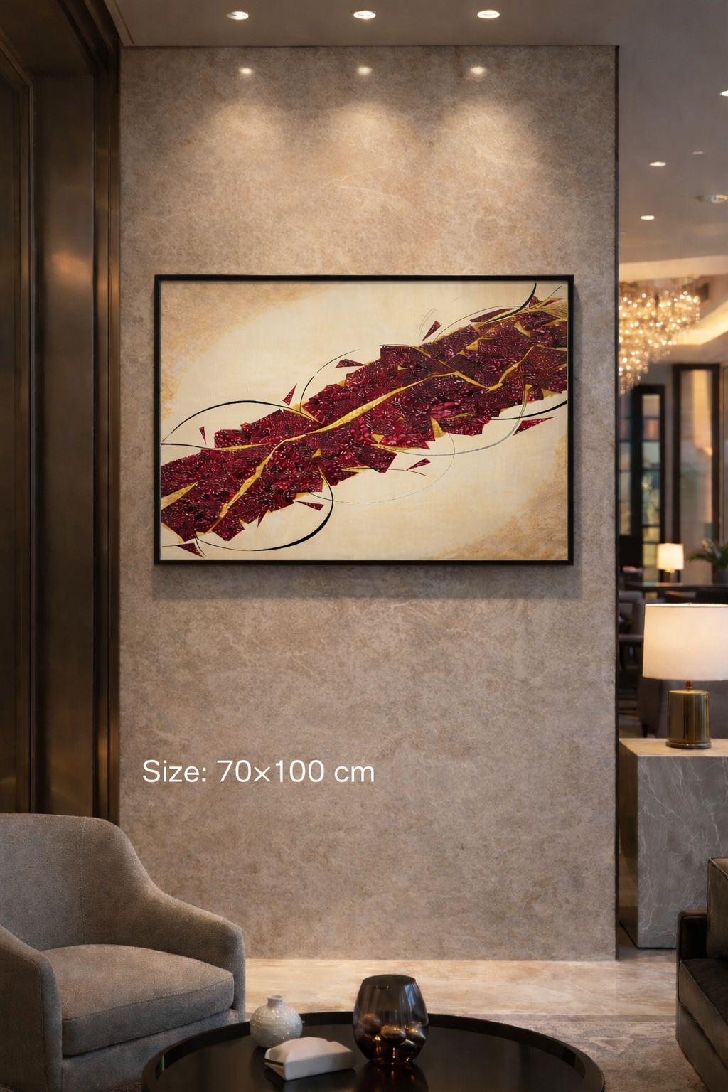 Textured crimson diagonal river with gold vein on neutral canvas, 70×100 cm