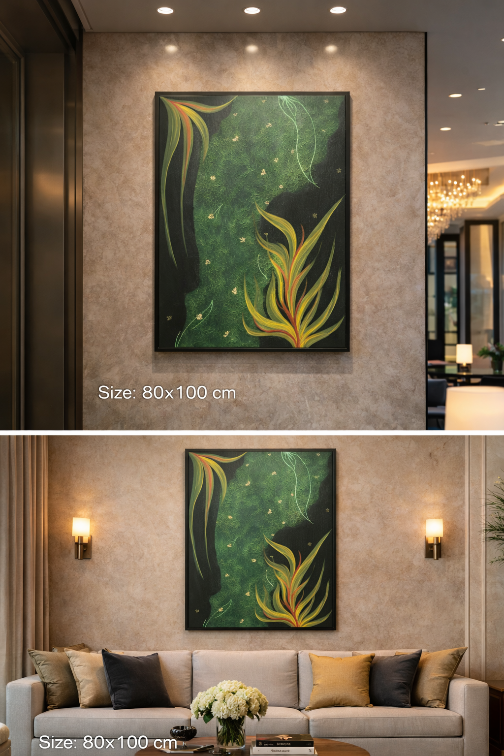 Decorative painting on a hotel lobby wall with a sofa and decor items below.