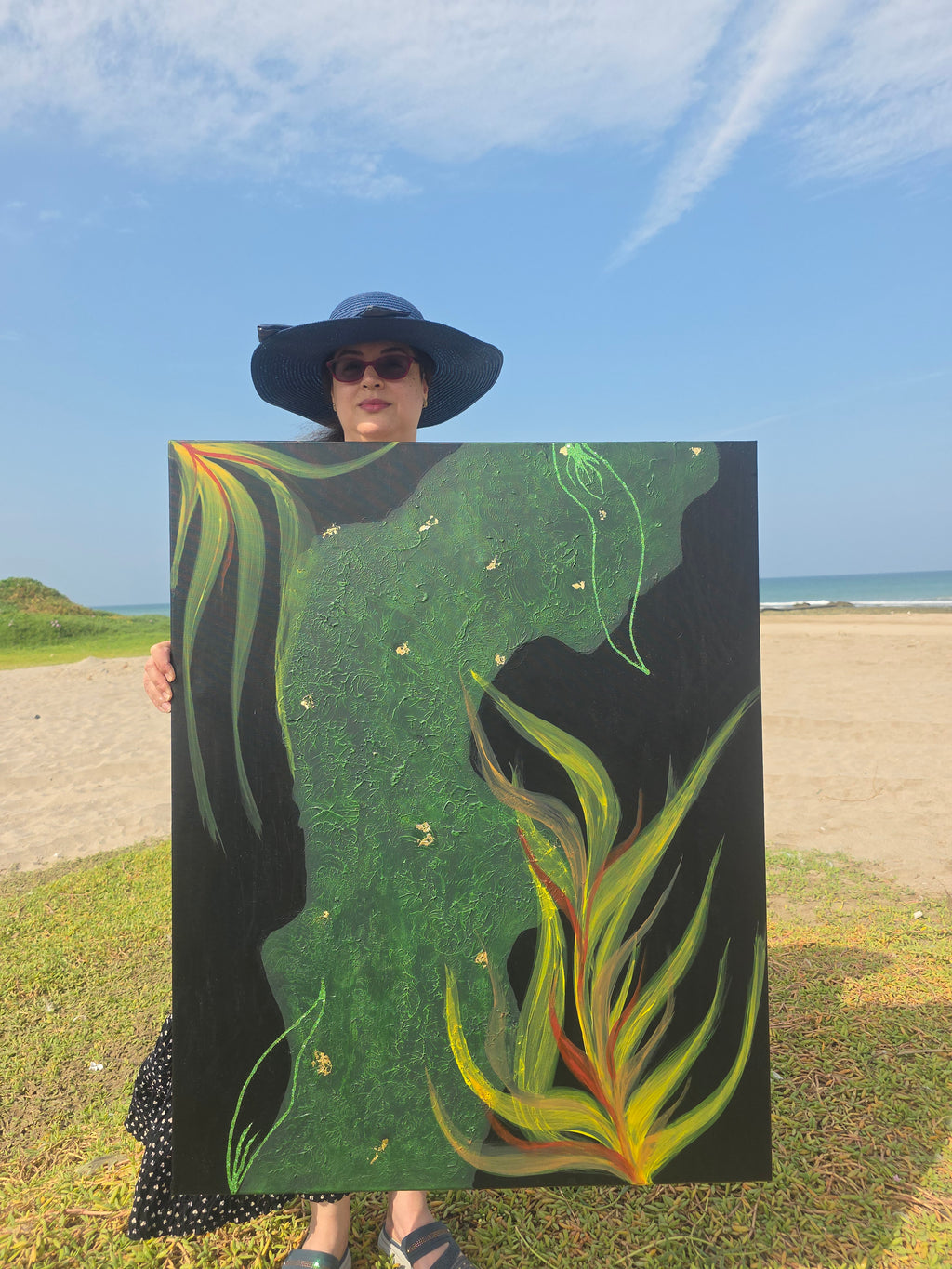 Deep emerald textured abstract artwork, 80×100 cm