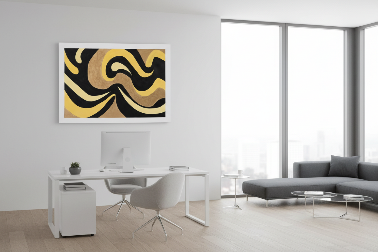 Modern office with abstract art on the wall, desk, and sofa.