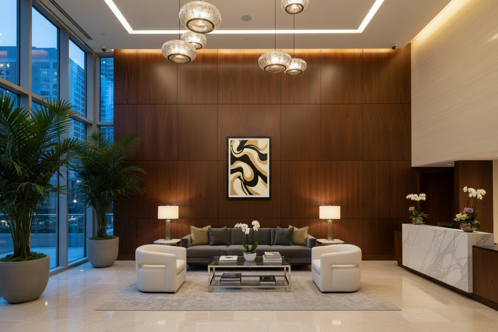 Modern living room with a large abstract painting on a wooden wall.