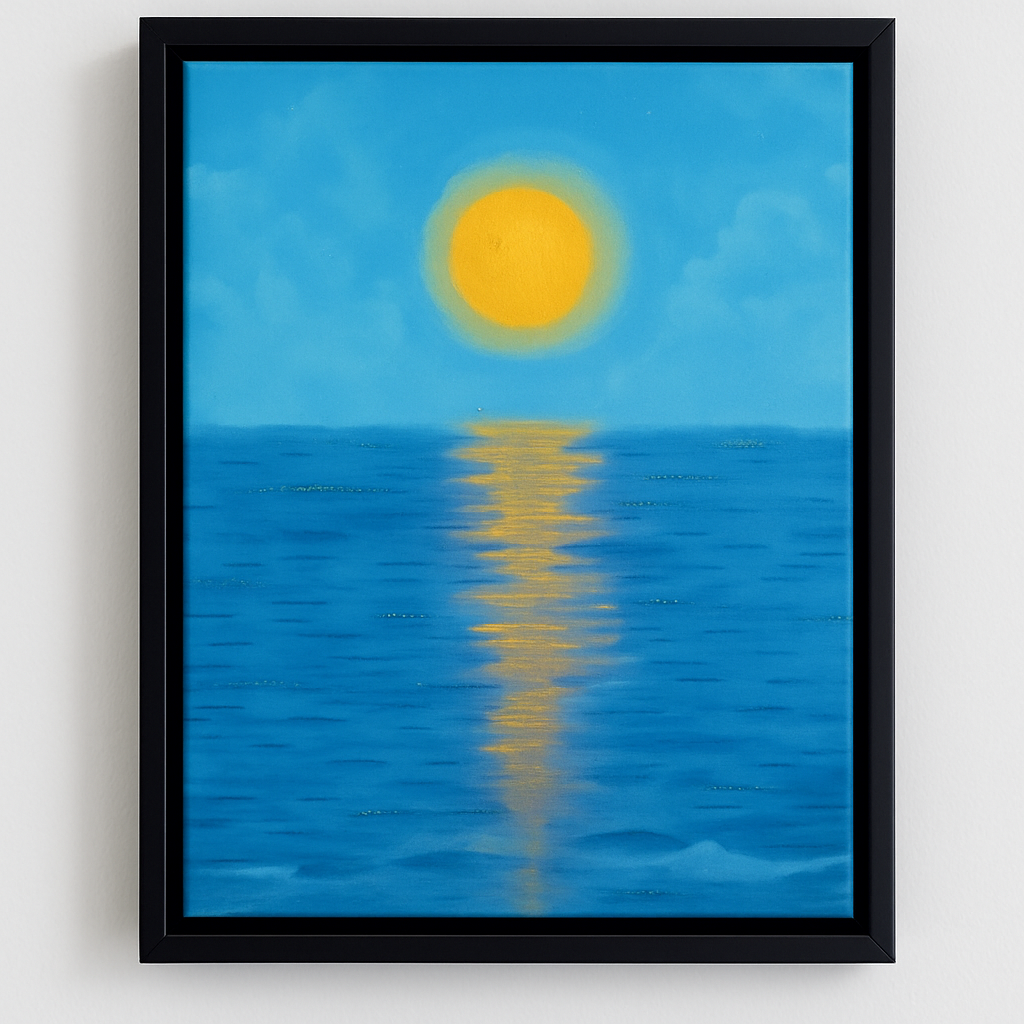 Framed artwork of a sun reflecting on water with a black frame.