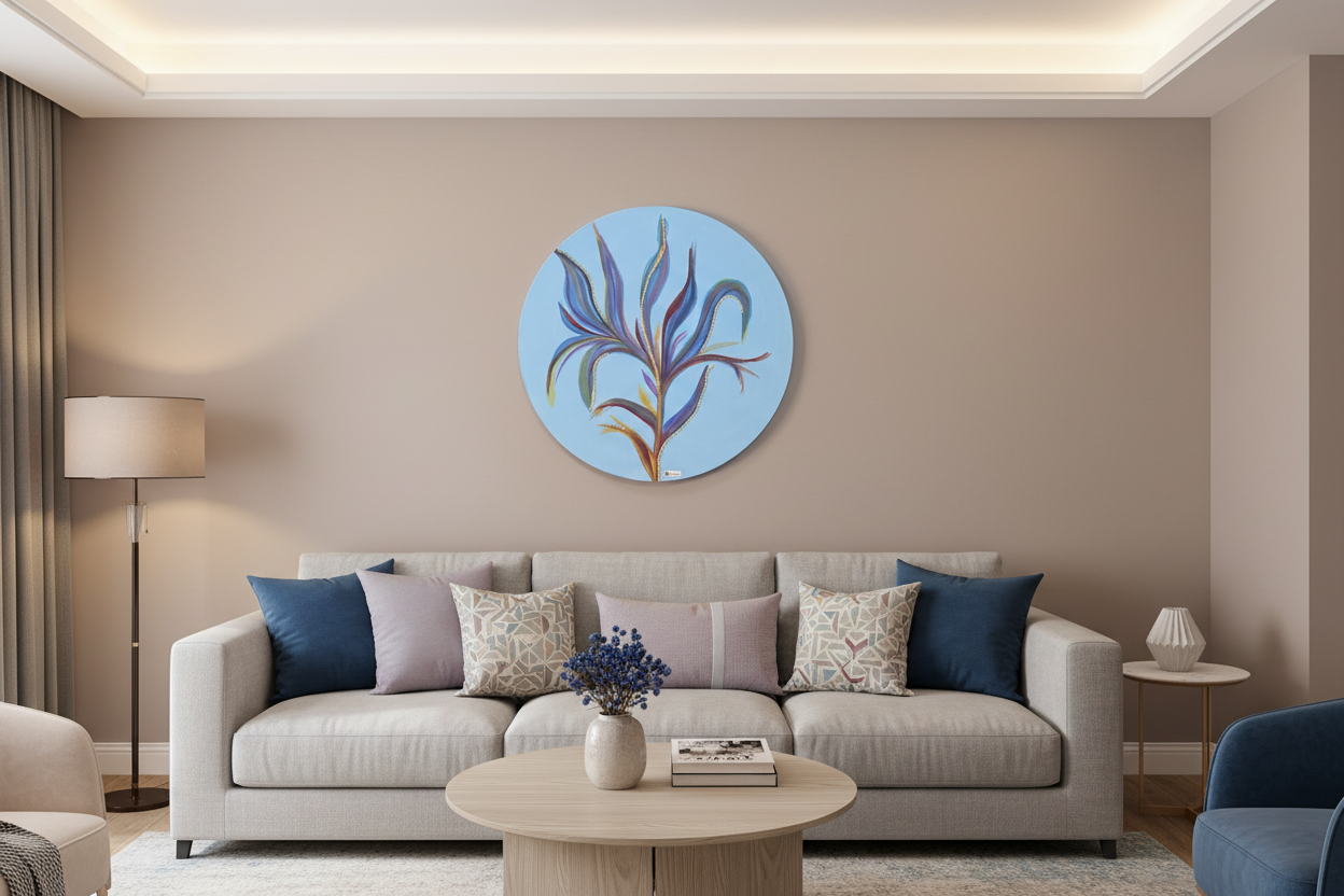 Round abstract acrylic with botanical leaf motif in soft neutrals, Ø60 cm.