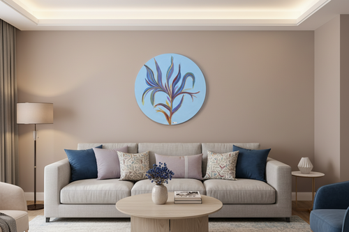 Round abstract acrylic with botanical leaf motif in soft neutrals, Ø60 cm.