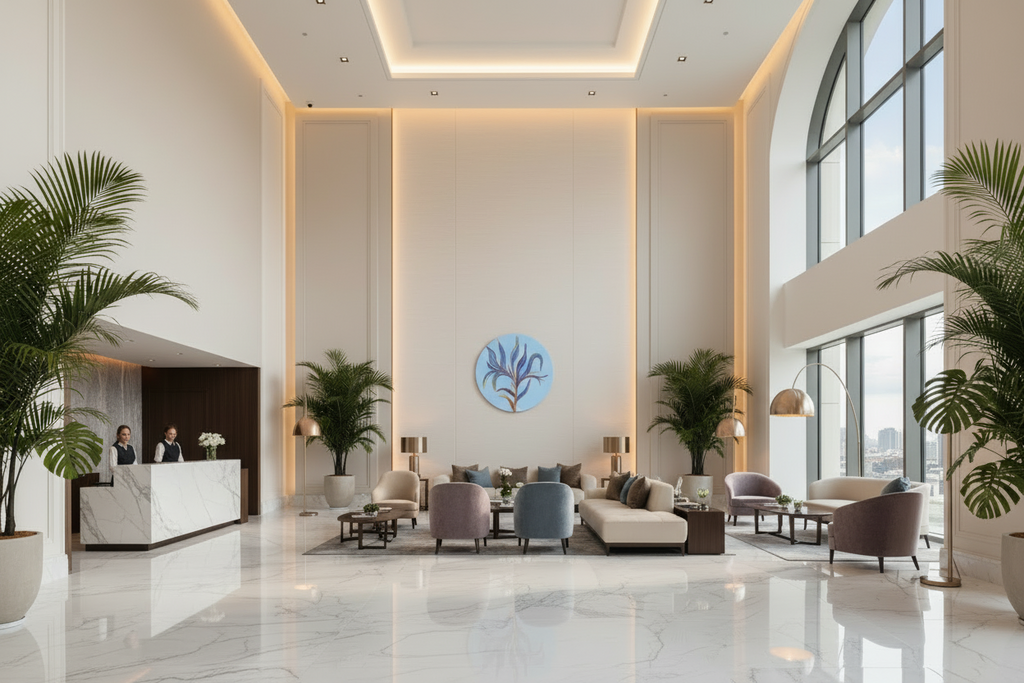 Luxury hotel lobby with modern decor, seating area, and large windows.