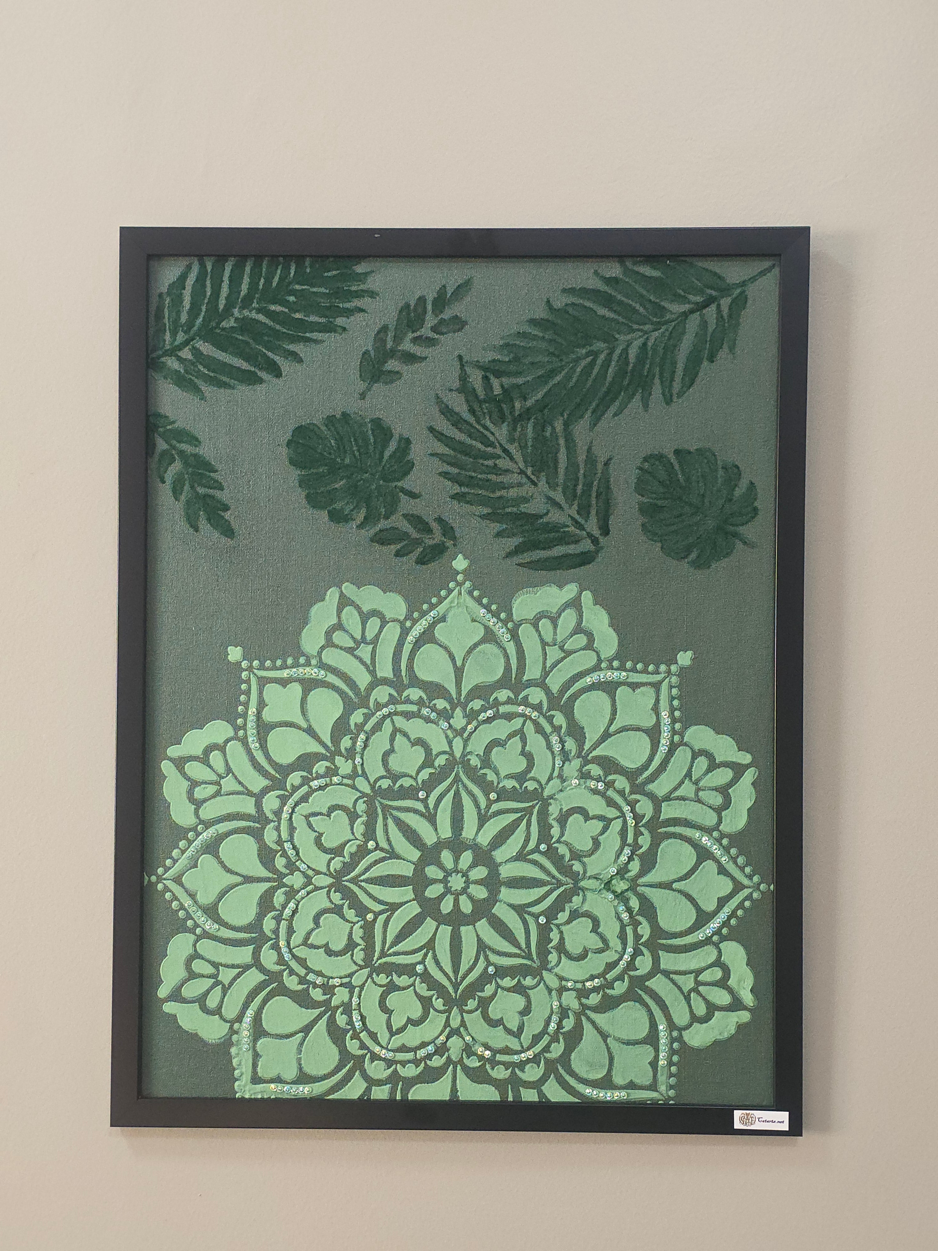CatArts Emerald Mandala Garden – Framed Botanical Mandala Painting