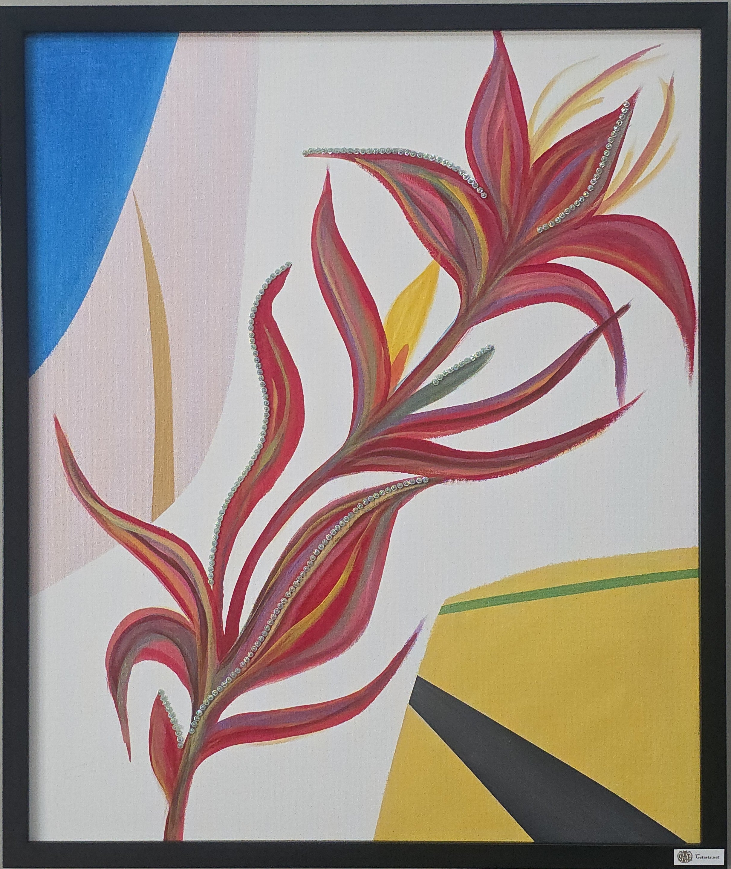 CatArts painting, Framed abstract artwork with red and yellow floral design on a white background