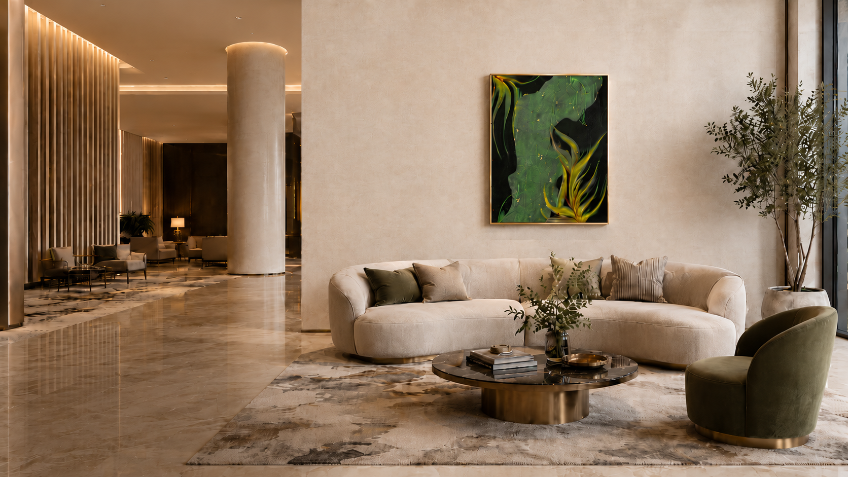 Modern living room with a beige sofa, coffee table, and decorative painting on a wall.