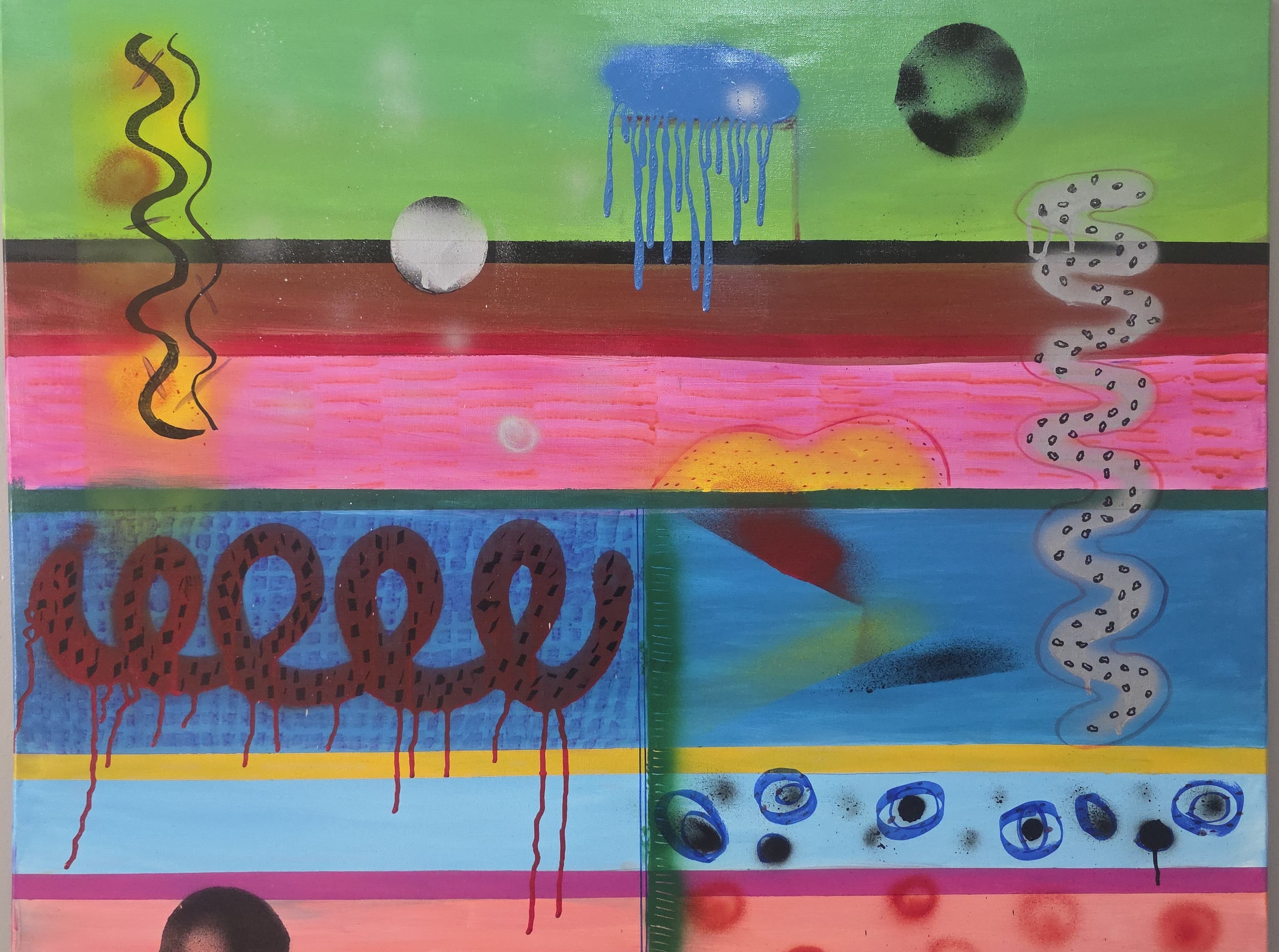 CatArts Colorful abstract Painting with various shapes and patterns on a green background