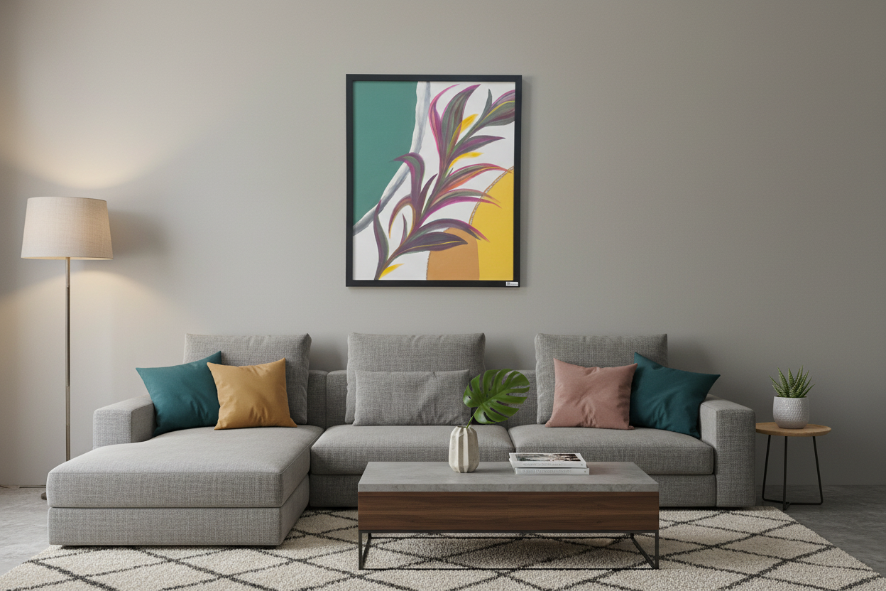 Gray sectional sofa in a living room with a colorful abstract painting on the wall.