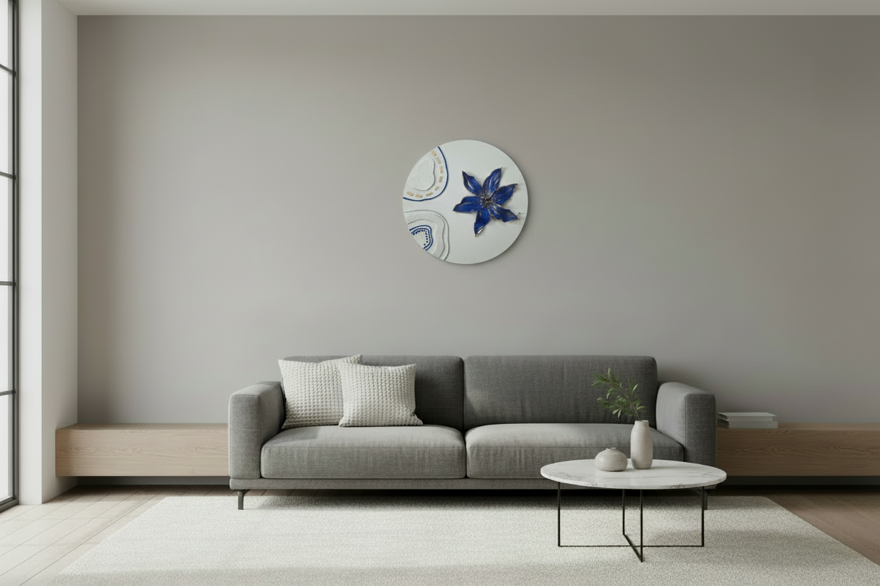 Modern living room with a gray sofa, round coffee table, and decorative wall clock.