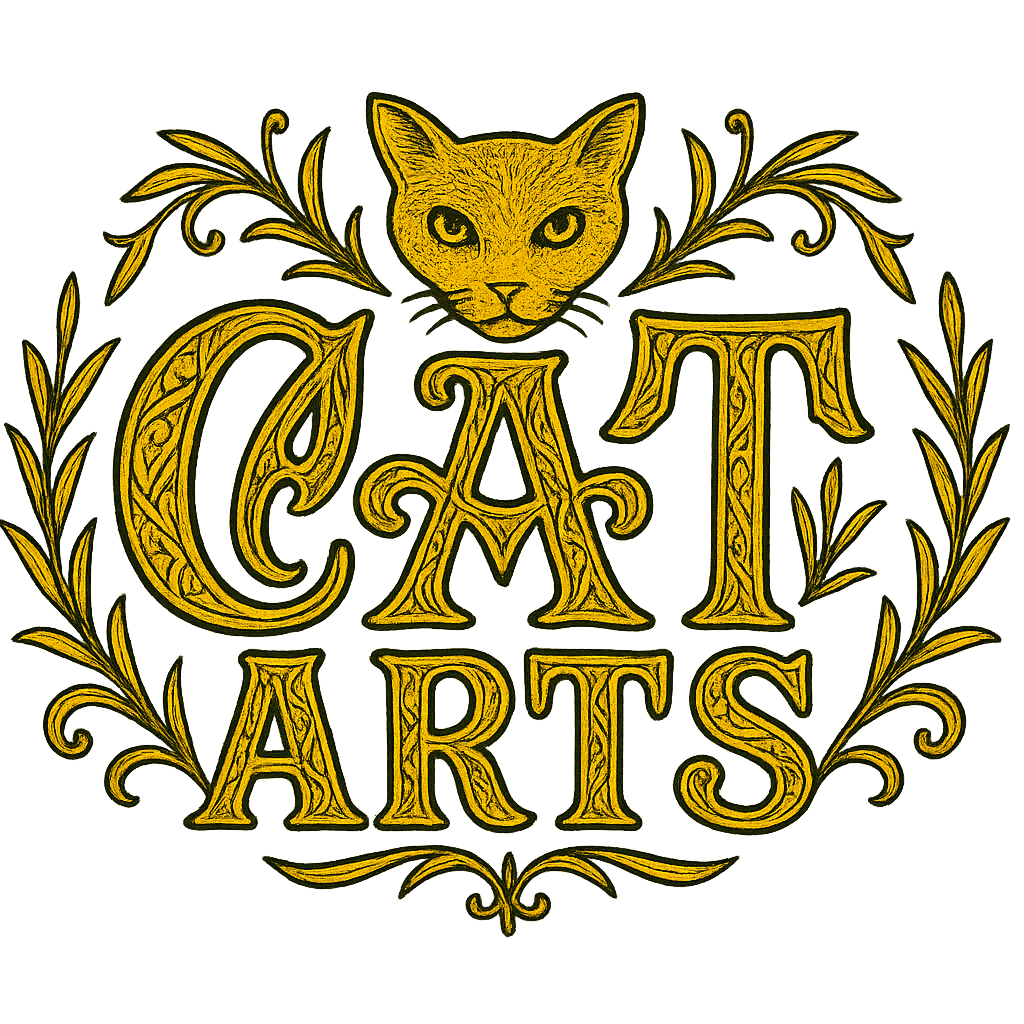 Decorative CatArts gold logo with cat head and ornamental foliage