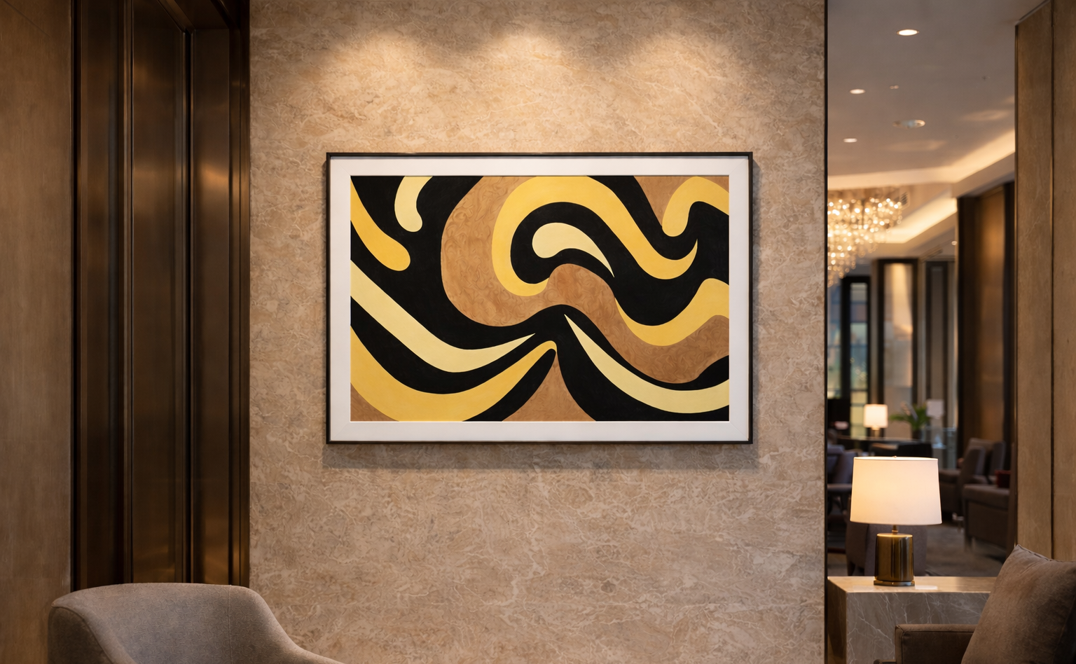 Abstract art piece on a textured wall in an hotel lobby