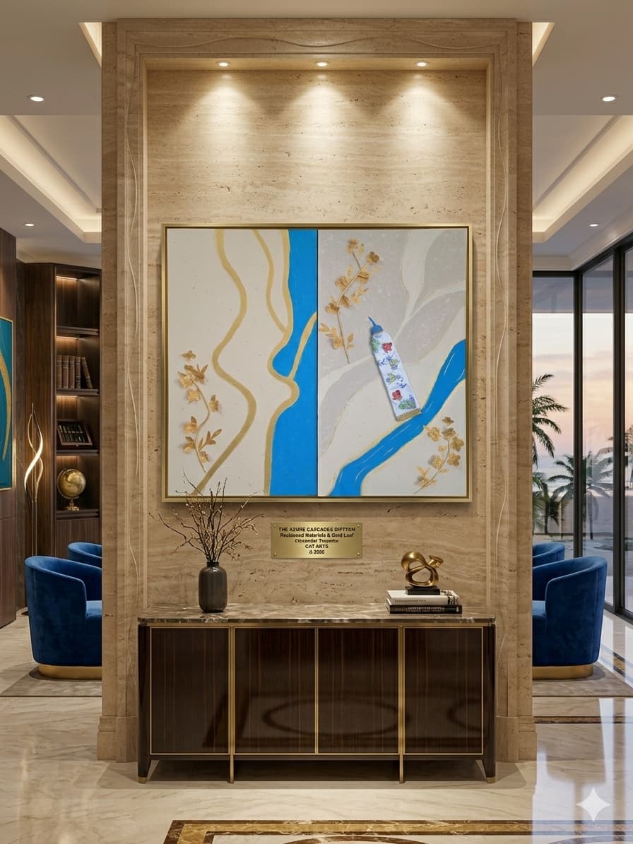 The Azure Cascades 3D diptych artwork featuring textured gold branches, a bright blue river, and a porcelain-patterned paint tube, enclosed in a plain gold frame with a narrow margin