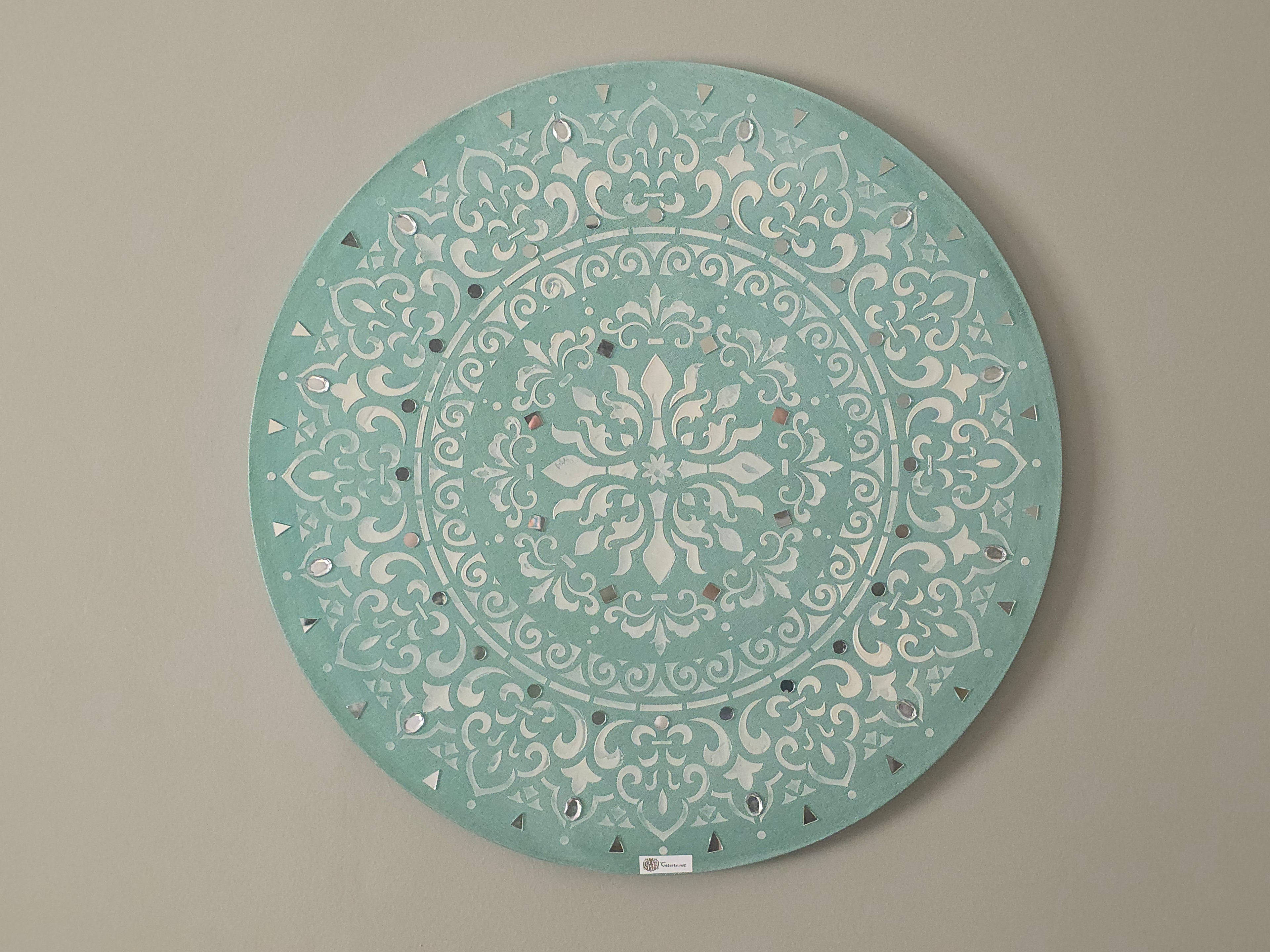 Mint Mandala Radiance – Round Mixed-Media Painting, CatArts,  luxury wall art studio, Painting Boards