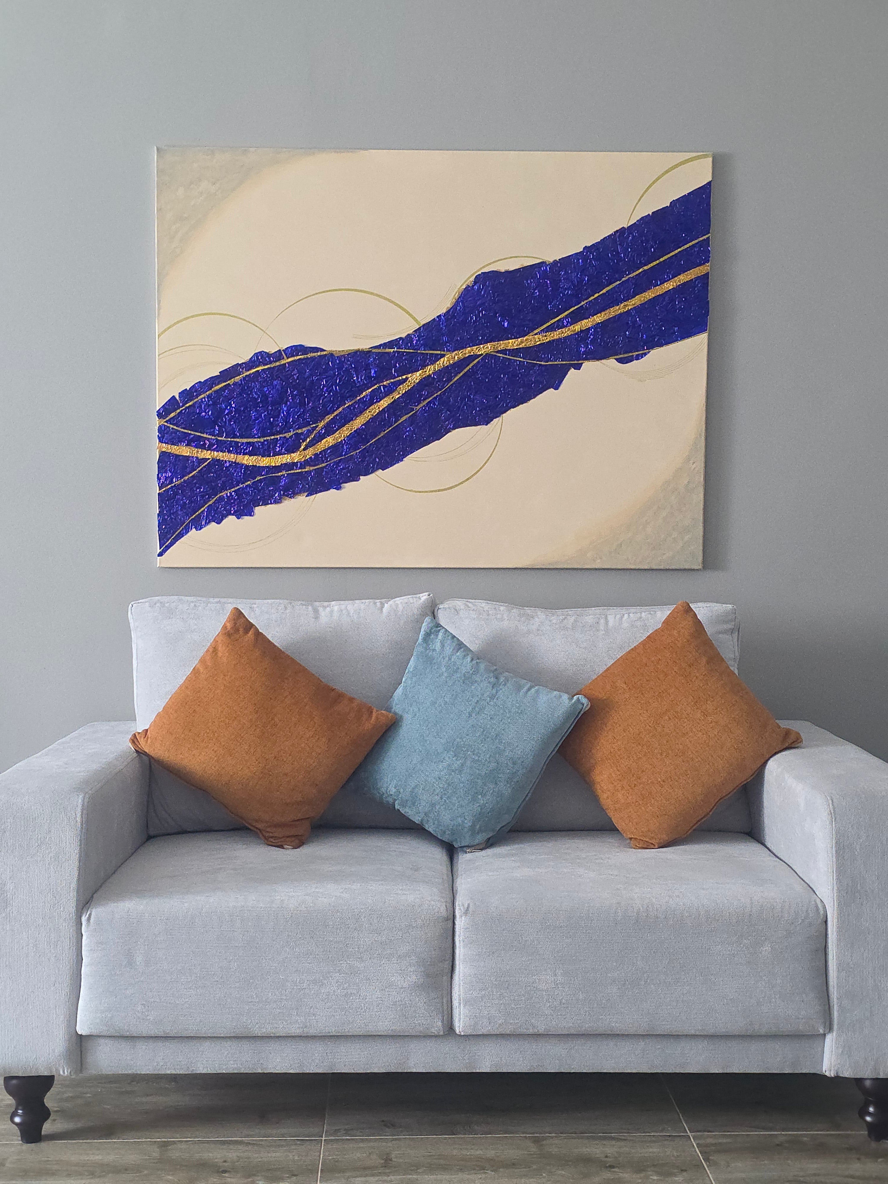 Large abstract canvas with flowing river-like movement in cool tones, 90×120 cm