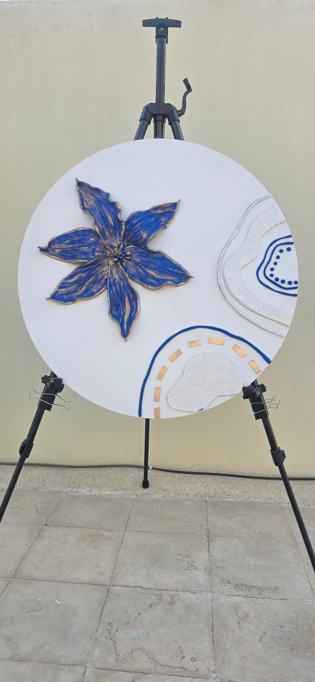 Royal Blue Blossom - Original round 3D painting, (Diameter 60 cm/24 in