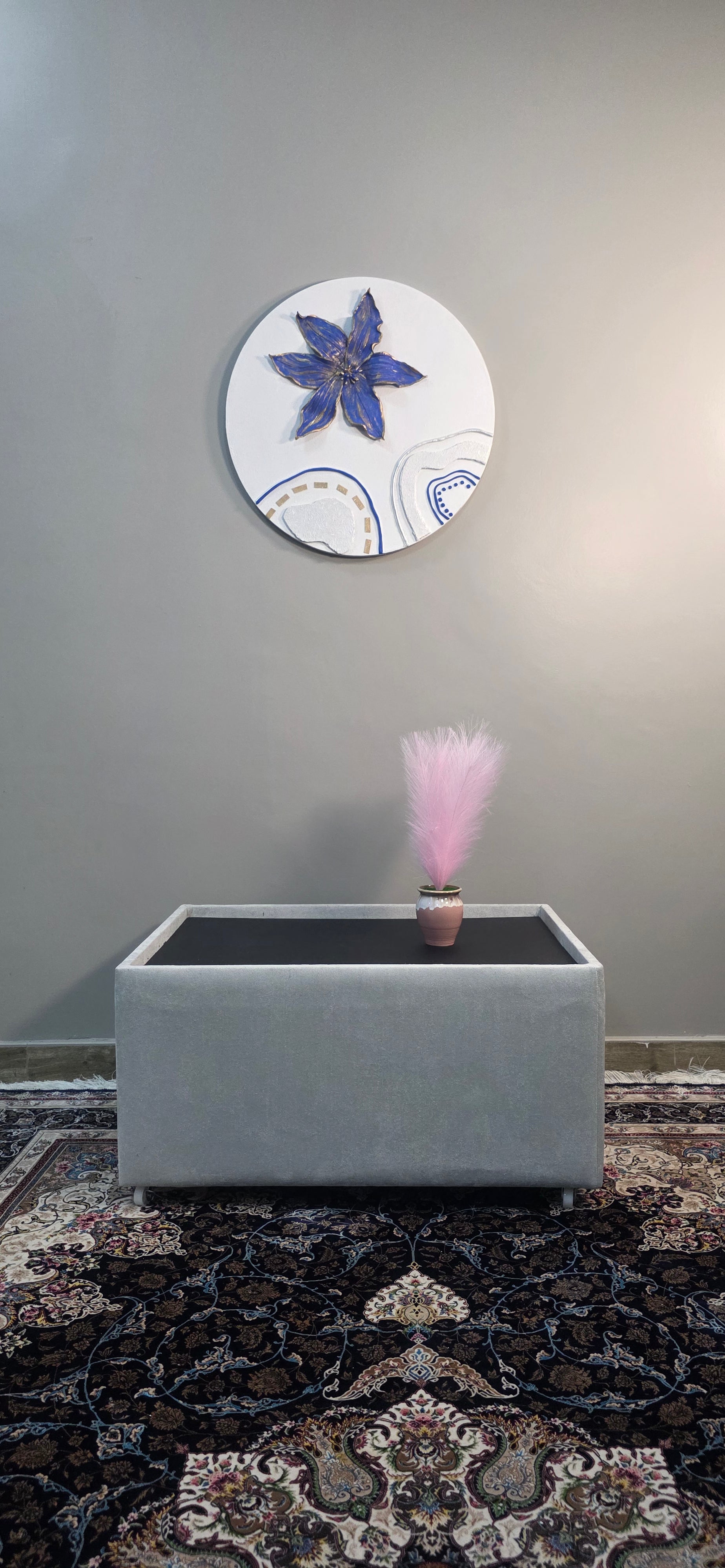 Royal Blue Blossom - Original round 3D painting, (Diameter 60 cm/24 in