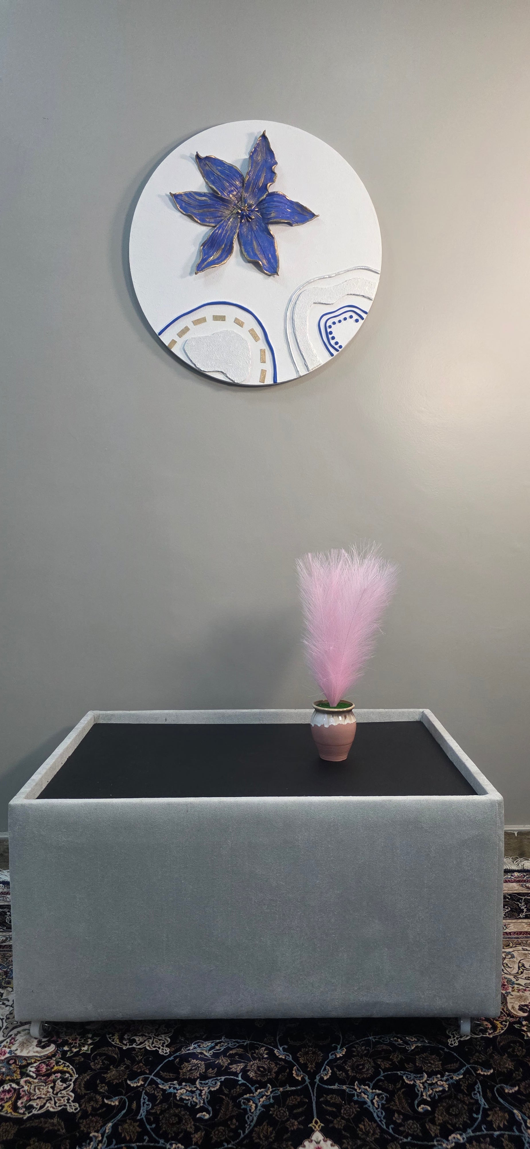 Royal Blue Blossom - Original round 3D painting, (Diameter 60 cm/24 in